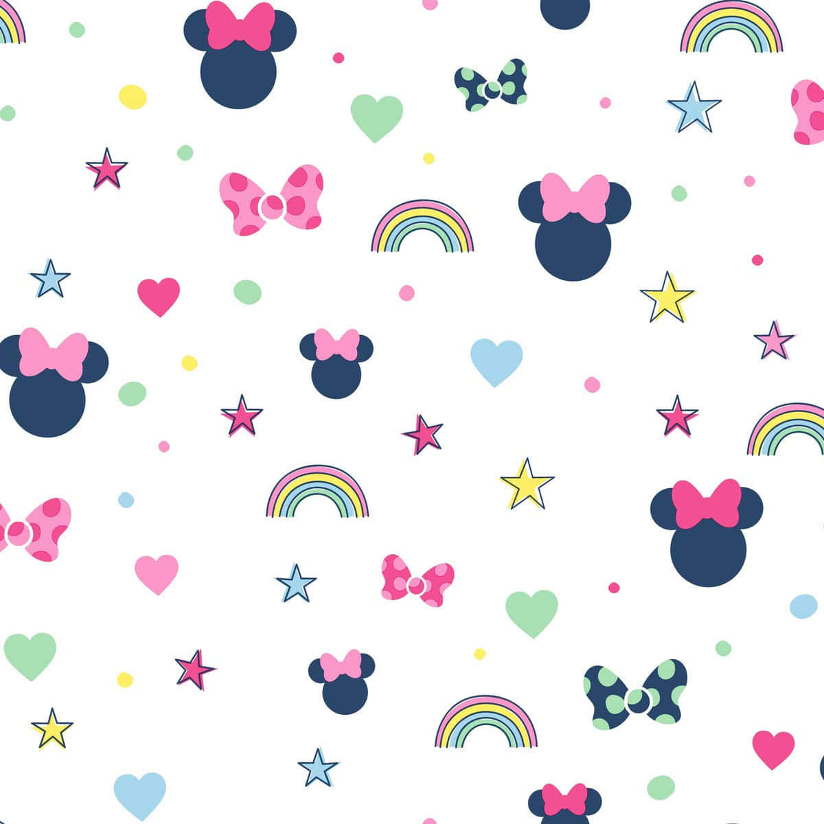 Minnie Mouse Pink 桌布 壁紙 — 一個以米妮老鼠頭、彩虹、愛心和星星為圖案，採用柔和色彩，配以白色背景的俏皮設計。