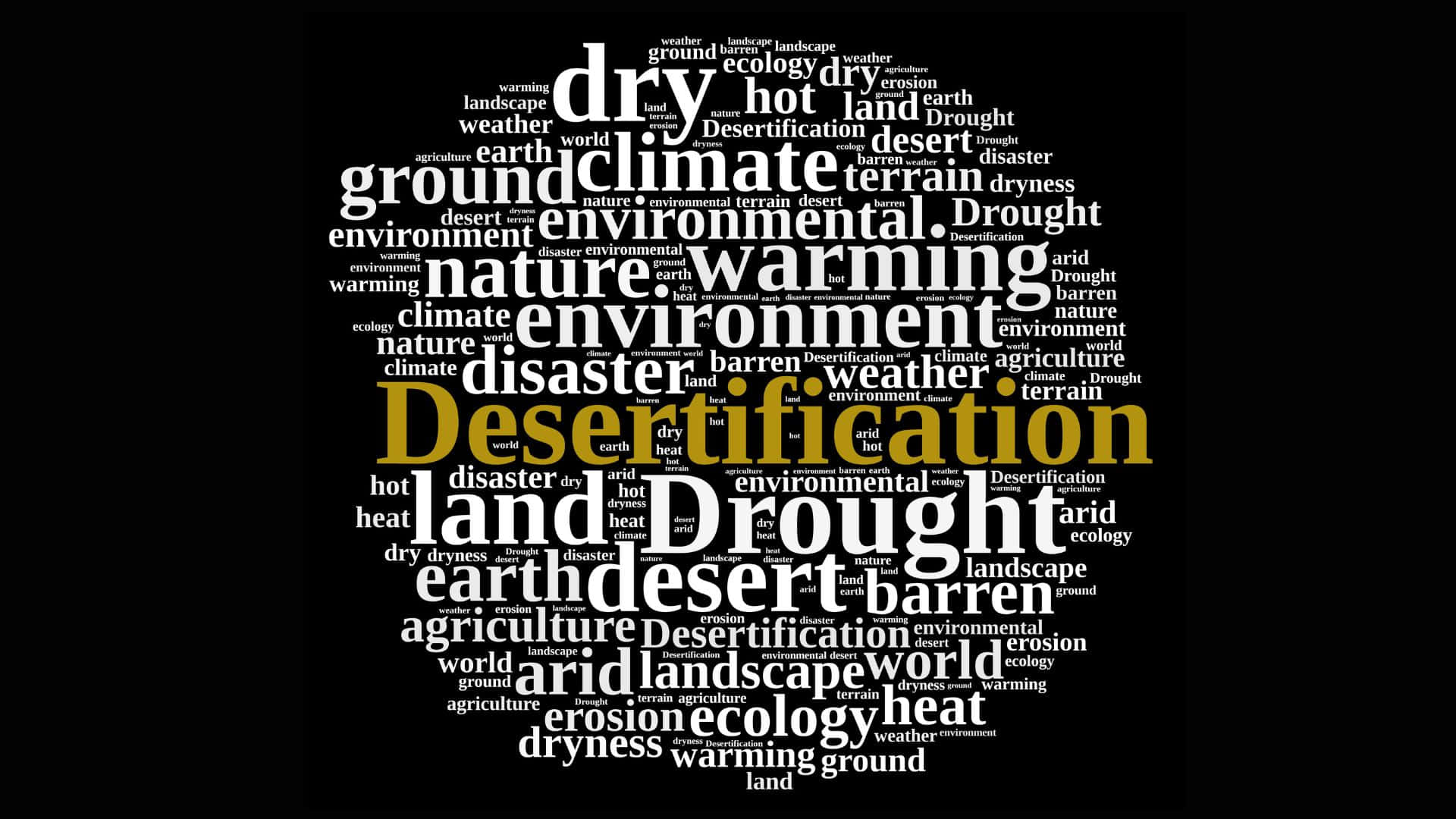 Typography 桌布 壁紙 — 一個以粗體黃色「Desertification」為中心、黑色背景上帶有白色相關環境術語的文字雲。