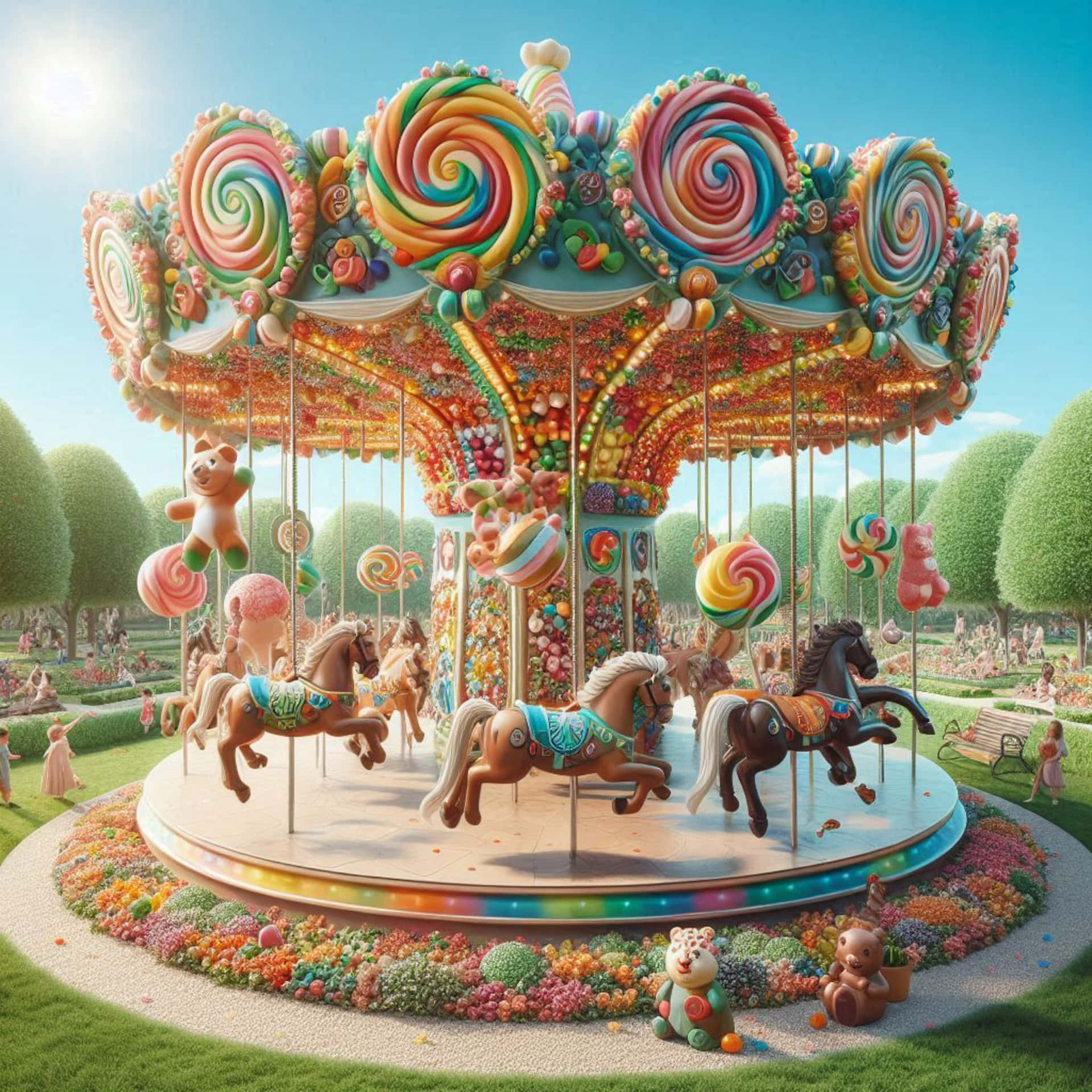 candy carousel 壁紙 — 一個以糖果為主題的旋轉木馬，帶有棒棒糖頂部和軟糖馬，在陽光明媚的花園中旋轉，周圍有人群。