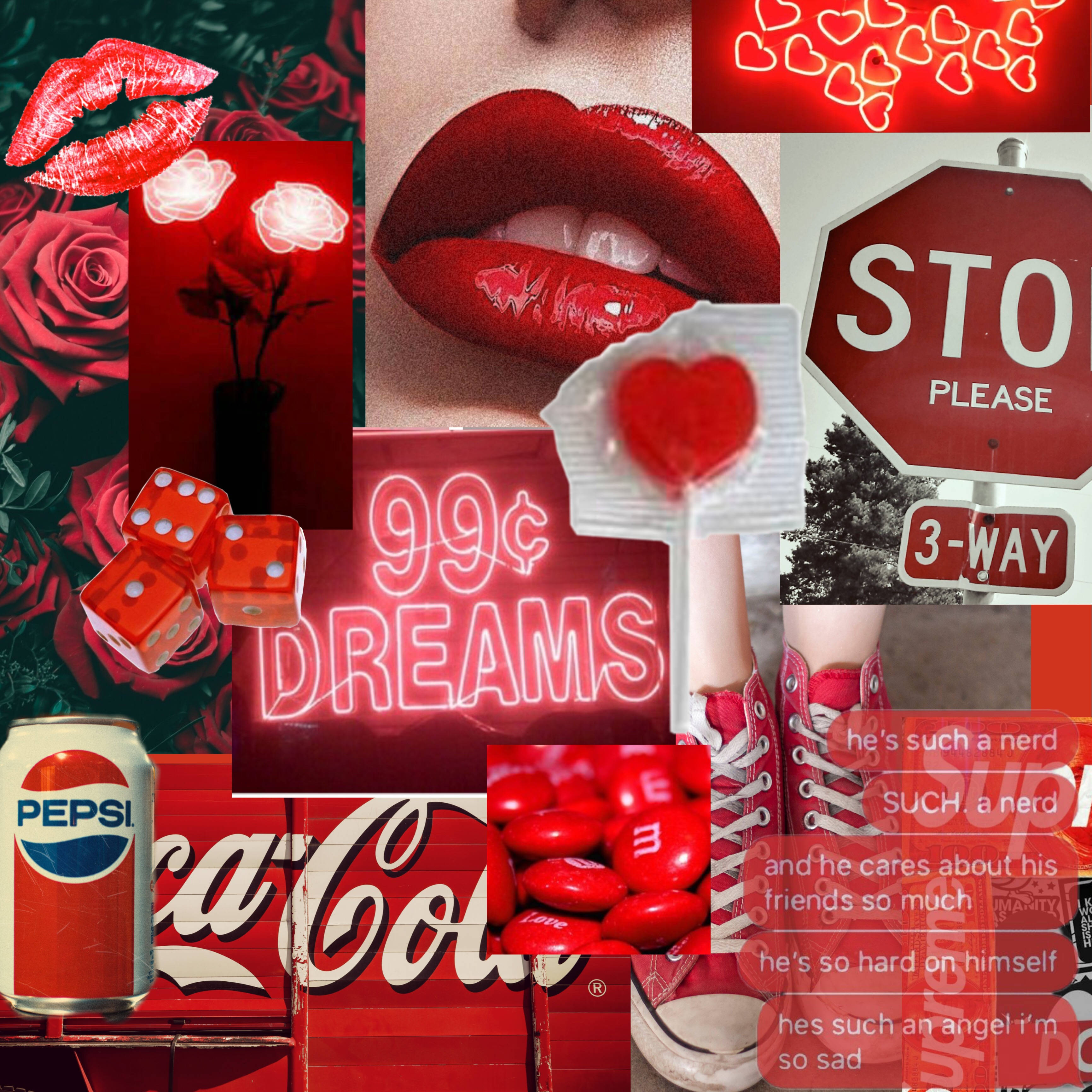 Pastel Red Aesthetic 桌布 壁紙 — 一個以紅色為主題的鮮豔拼貼畫，包含嘴唇、玫瑰、骰子、汽水標誌和文字片段，採用大膽的普普藝術風格。