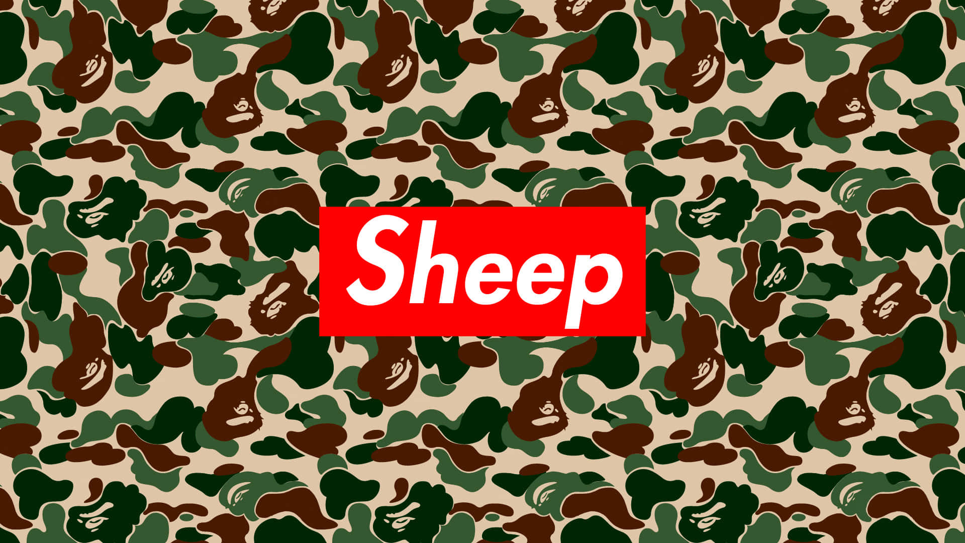 supreme 桌布 壁紙 — 一個以羊臉為圖案的迷彩圖案，附有一個紅色方框，內有白色字樣 'Sheep'。