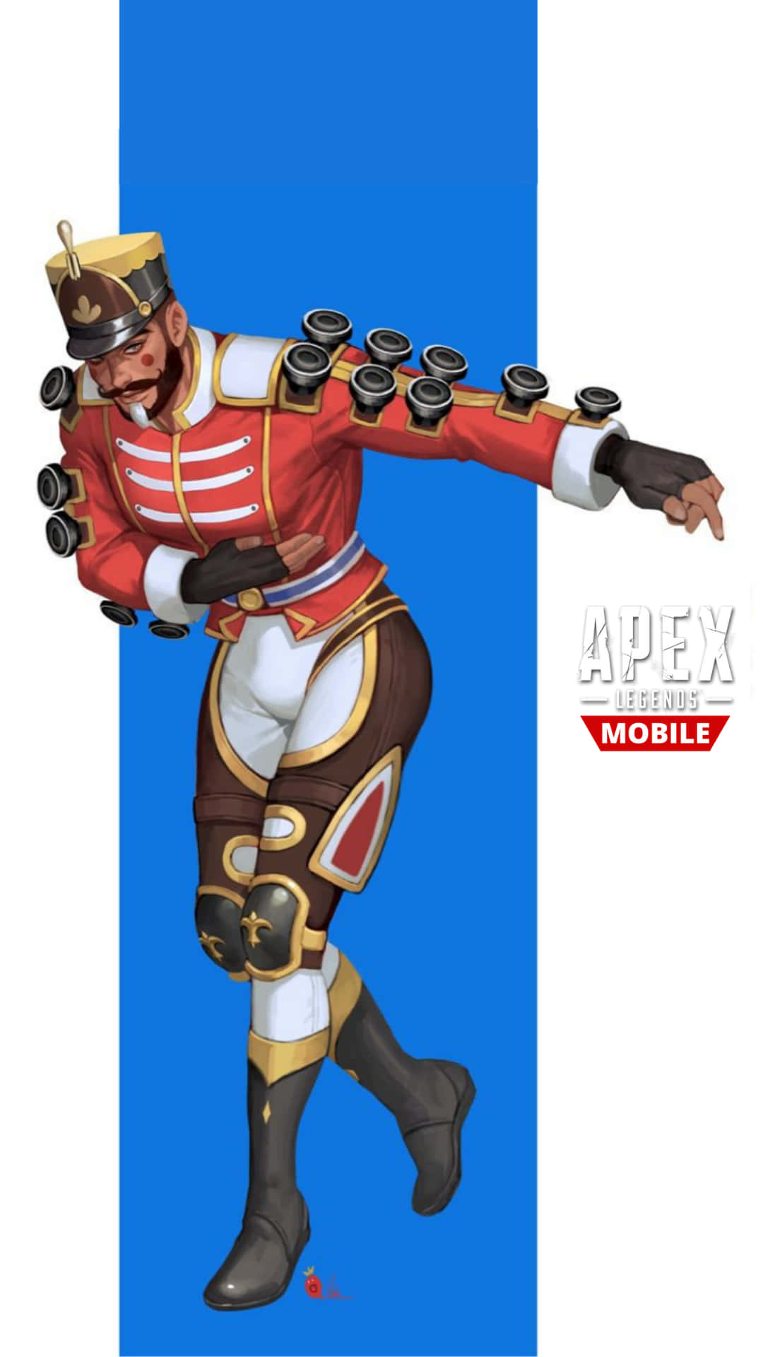 Apex 英雄 桌布 壁紙 — 一個以胡桃鉗為主題的Apex Legends角色，身穿紅、白、金色盔甲，背上裝有加農炮，在藍白背景前動感地擺出姿勢。