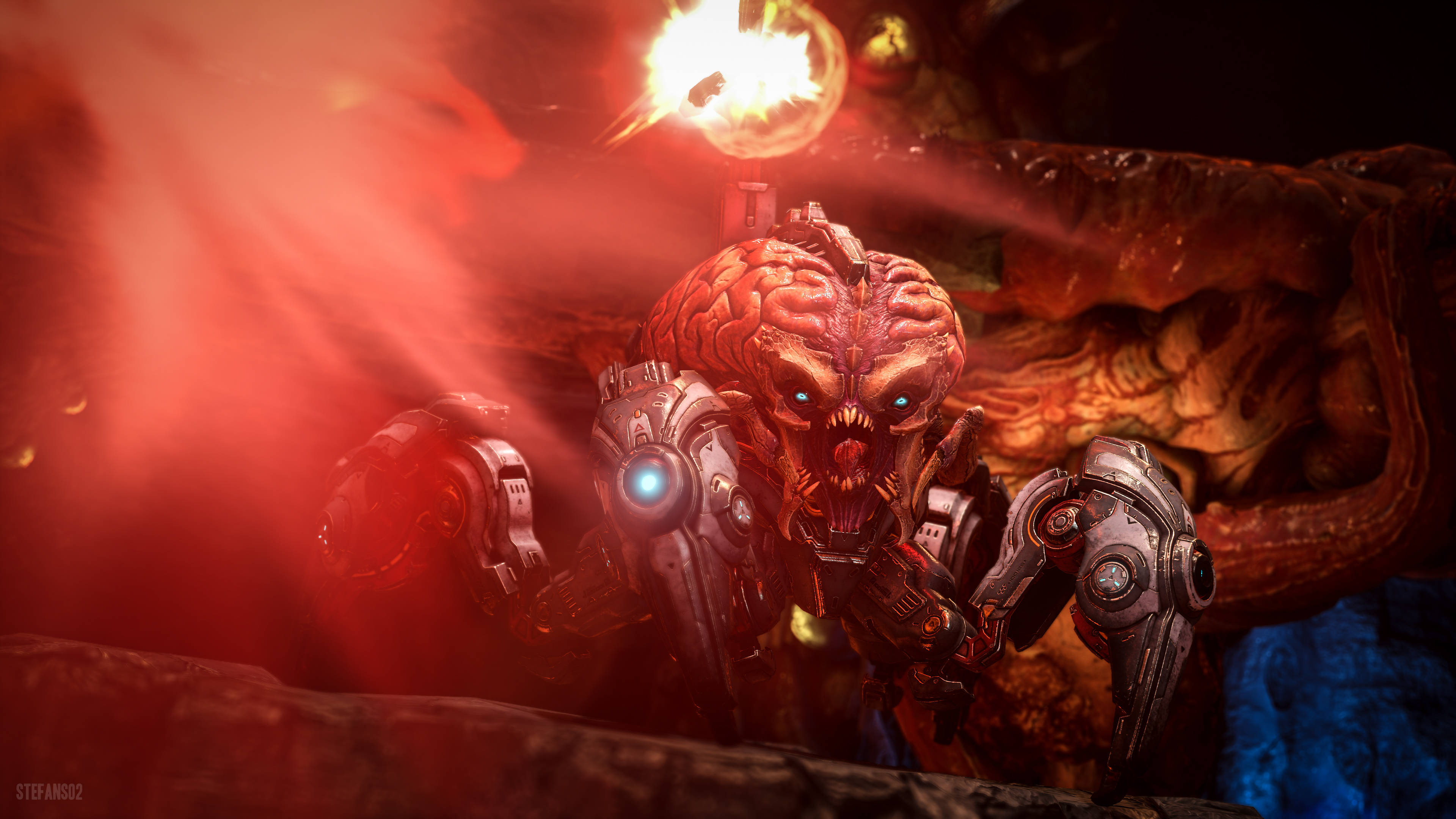 Doom 4K 桌布 壁紙 — 一個以腦為頭的生化機械怪物，在火紅的煙霧和熔岩中咆哮，發出藍色光芒的眼睛。