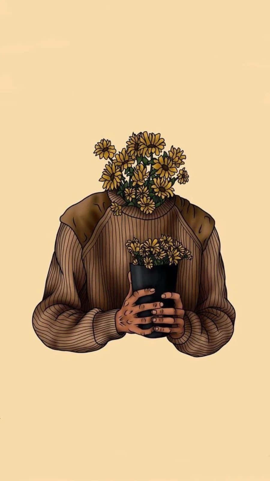 Aesthetic Drawings 桌布 壁紙 — 一個以花束為頭部的人，在柔和的米色背景前拿著一盆相配的盆栽植物。