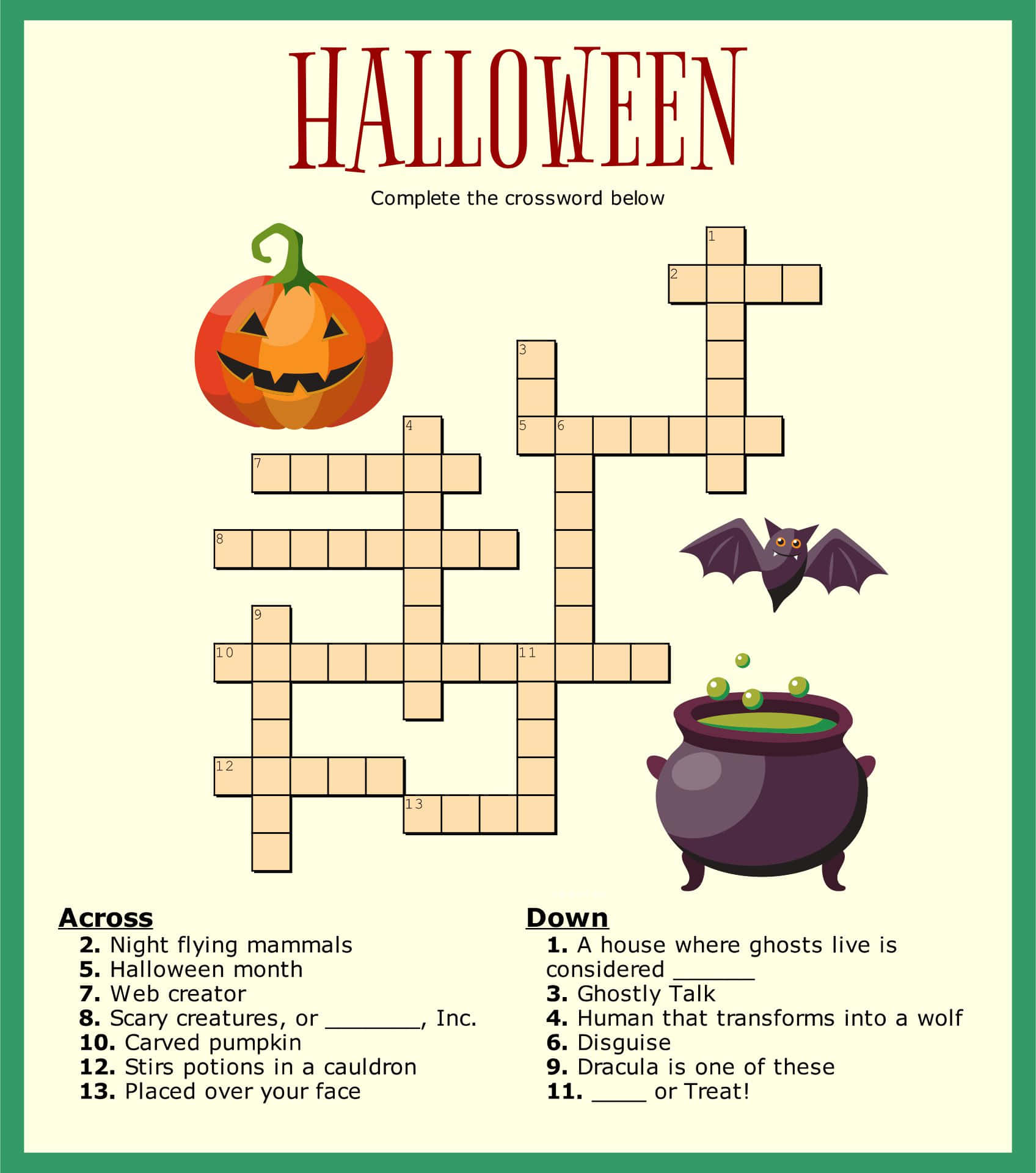 Halloween Puzzles 桌布 壁紙 — 一個以萬聖節為主題的填字遊戲，包含傑克南瓜燈、蝙蝠、大鍋以及恐怖詞彙的線索。