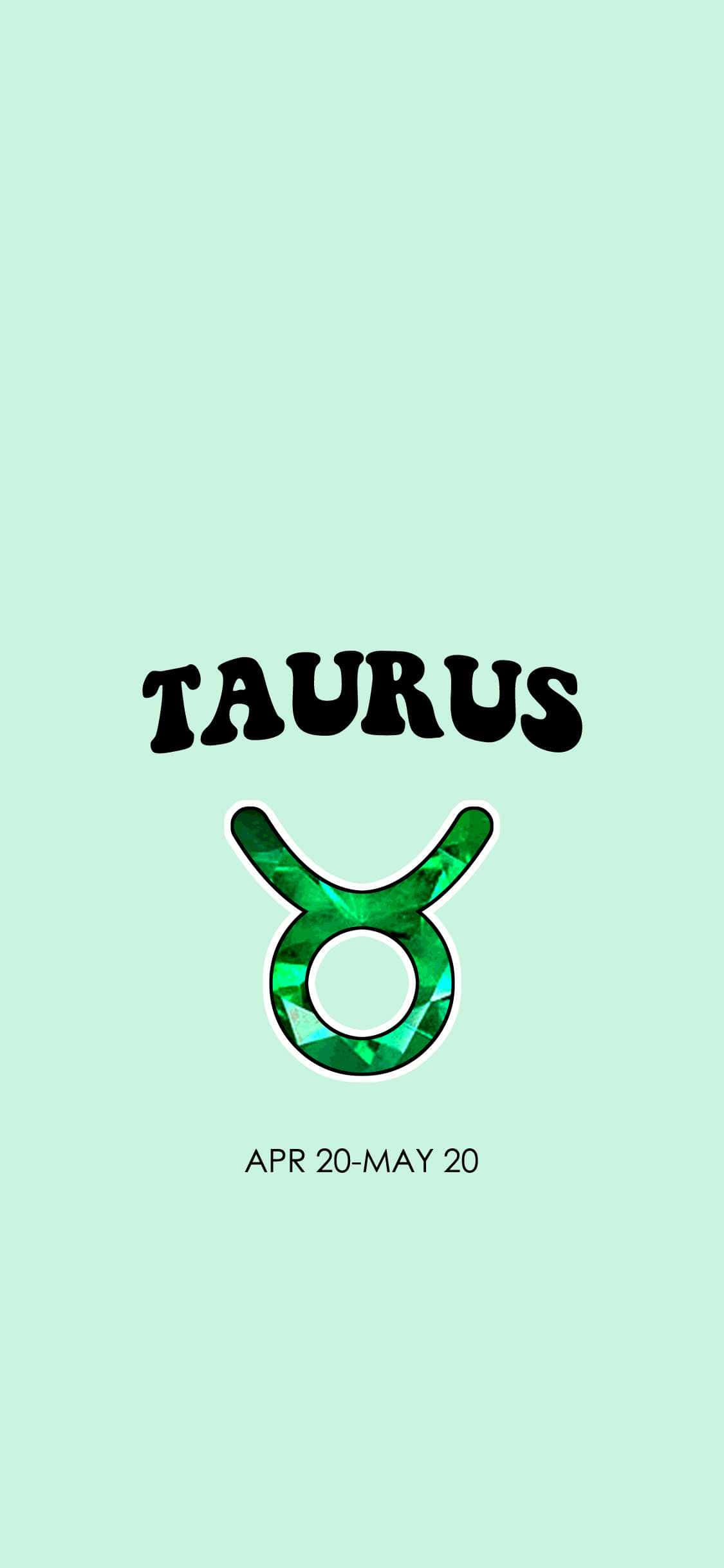 taurus 桌布 壁紙 — 一個以薄荷色背景為襯托、中央放置的簡約綠色寶石金牛座星座符號，配以粗體黑色文字。