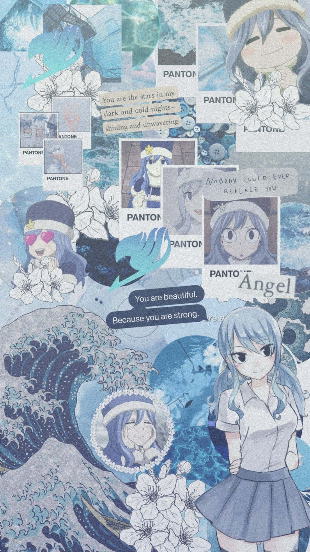 Wave 桌布 壁紙 — 一個以藍色波浪、櫻花和Pantone文字疊加為特色的夢幻水族主題動漫少女插圖拼貼。