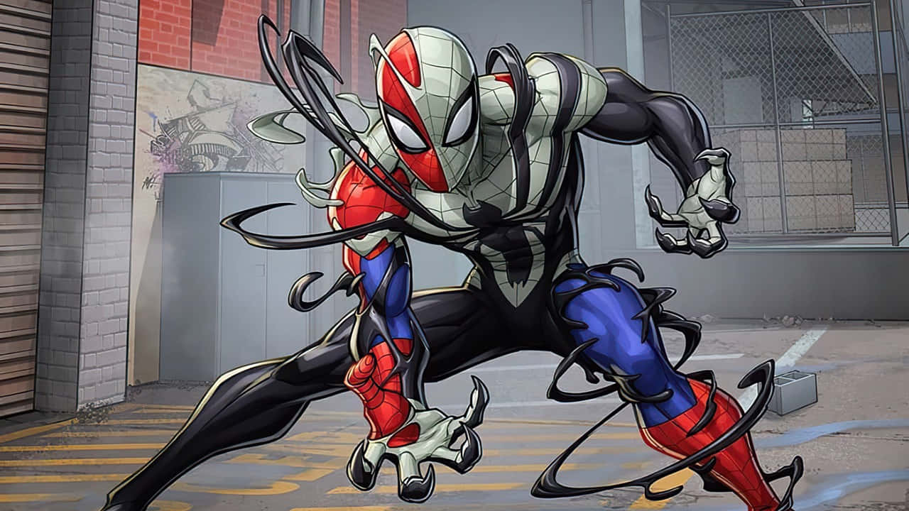 Venomized 桌布 壁紙 — 一個以蜘蛛為主題的動態超級英雄，帶有黑色共生體觸手，蹲在城市小巷中準備出擊。