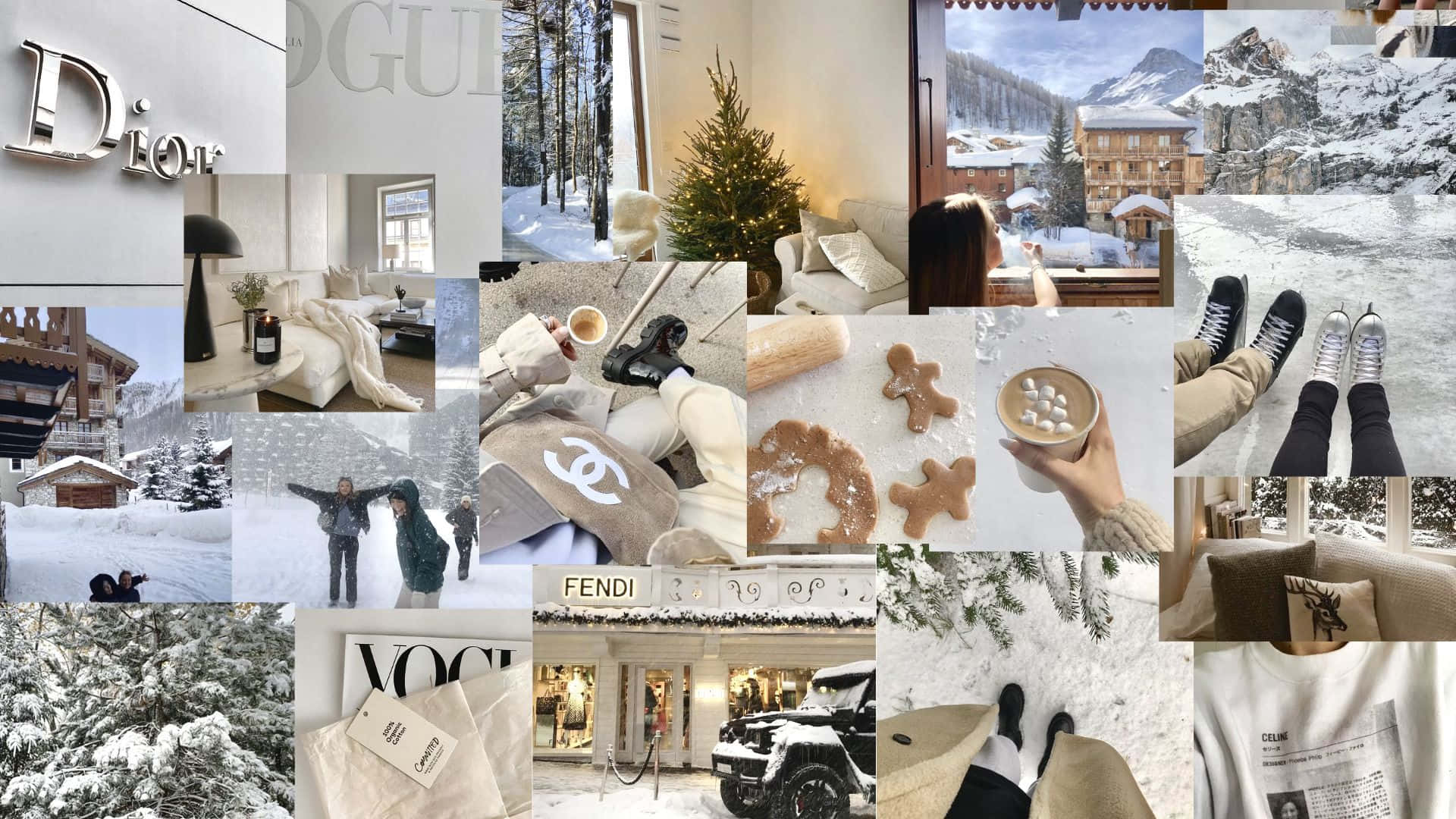 Winter Aesthetic Collage 桌布 壁紙 — 一個以豪華品牌、舒適室內設計、溜冰和節日薑餅餅乾為特色的雪景冬季拼貼畫。