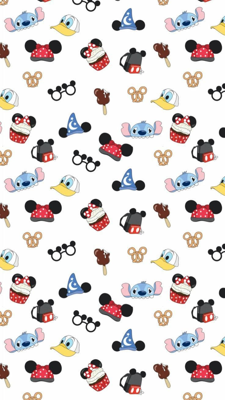 Cartoon Characters 桌布 壁紙 — 一個以迪士尼角色和美食為主題的俏皮重複圖案，背景為白色。