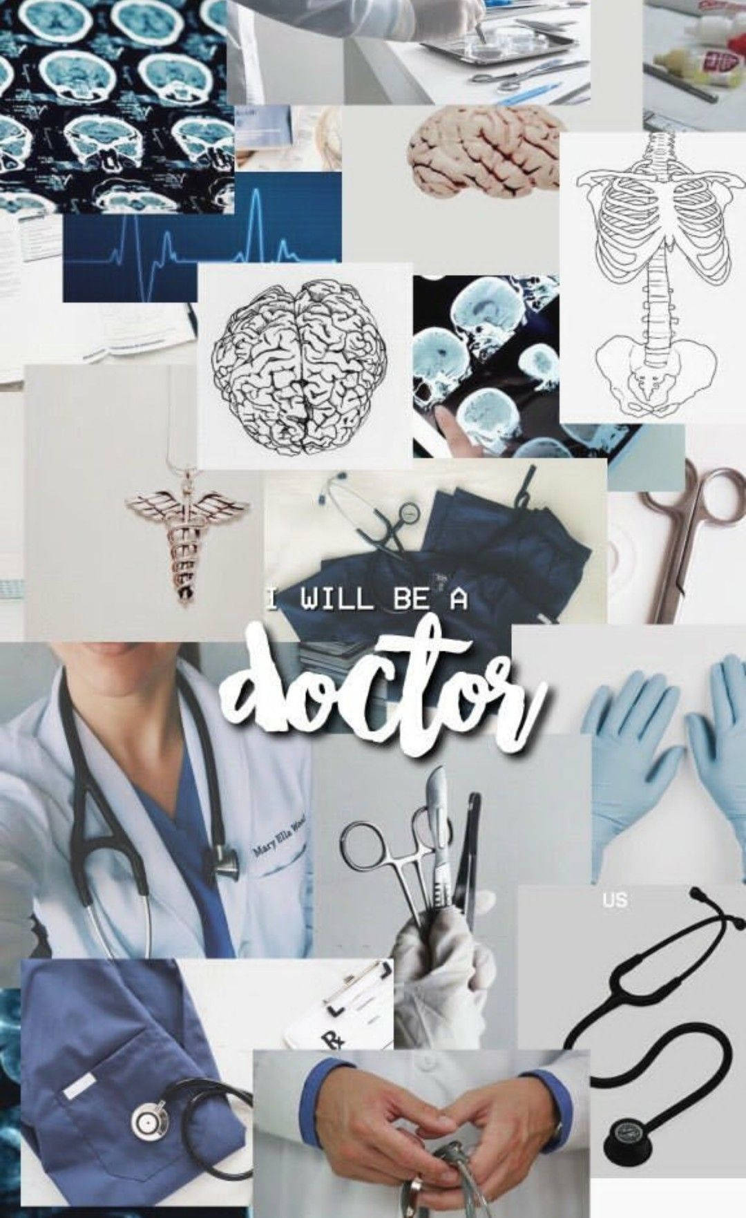 doctor motivation 桌布 壁紙 — 一個以醫學為主題的拼貼畫，包含腦部掃描、解剖草圖、手術工具和一位穿著手術服並帶有「我將成為醫生」這句話的醫生。