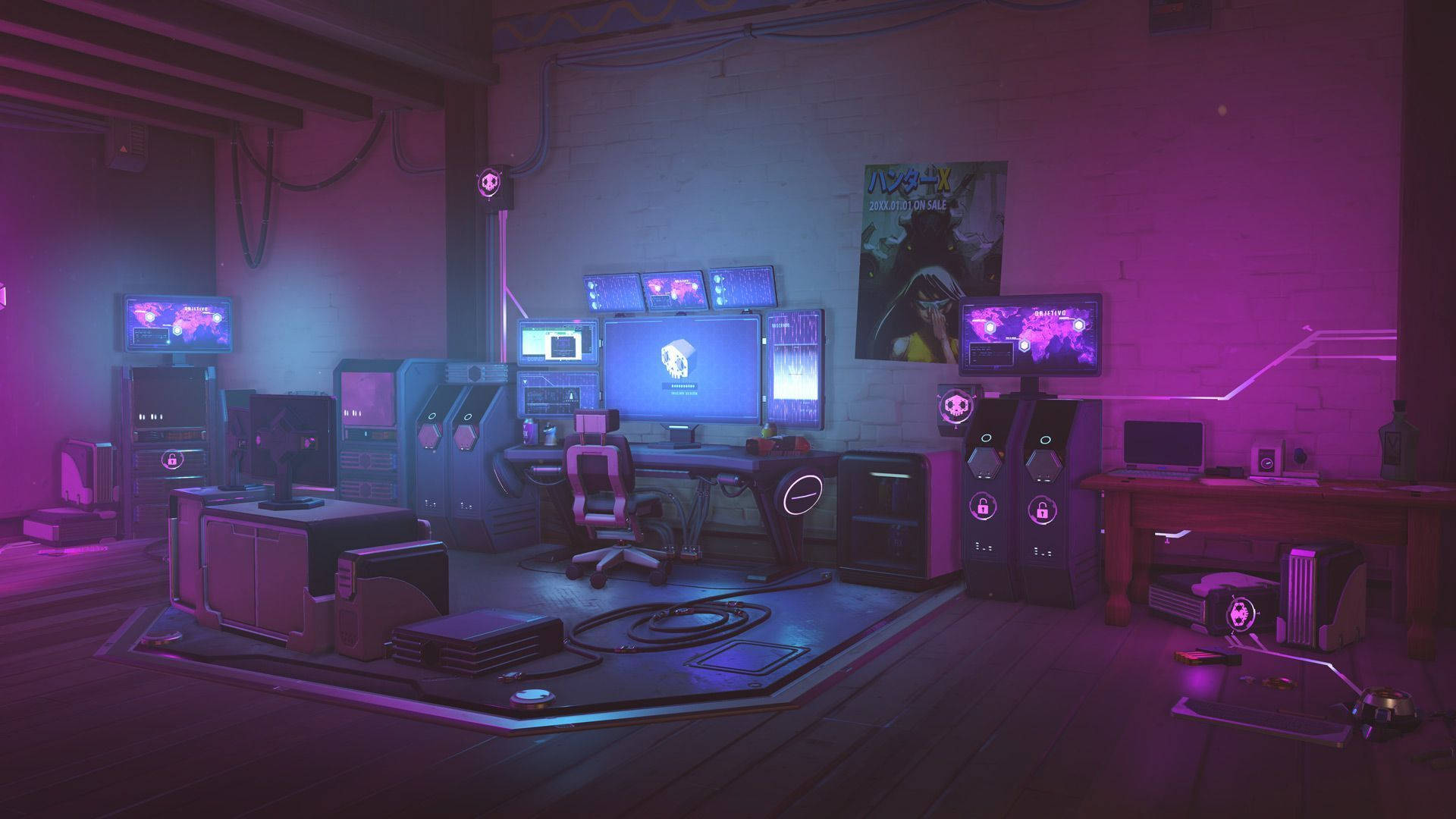 computers 桌布 壁紙 — 一個以霓虹燈照亮的遊戲房間，多個顯示器在裸露的磚牆和木地板上發出紫色和藍色的光芒。