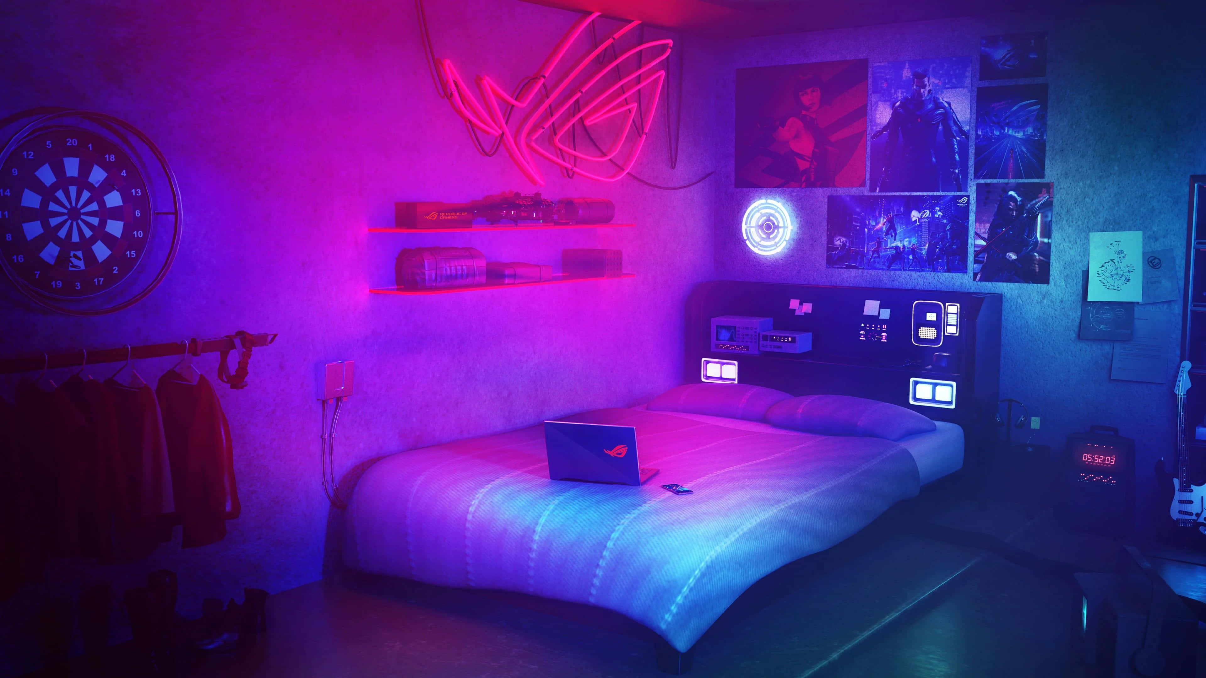 Gaming Room 桌布 壁紙 — 一個以霓虹燈照亮的遊戲玩家臥室，帶有發光的 ROG 標誌、飛鏢靶和科技主題裝飾，在紫色和粉紅色燈光下。
