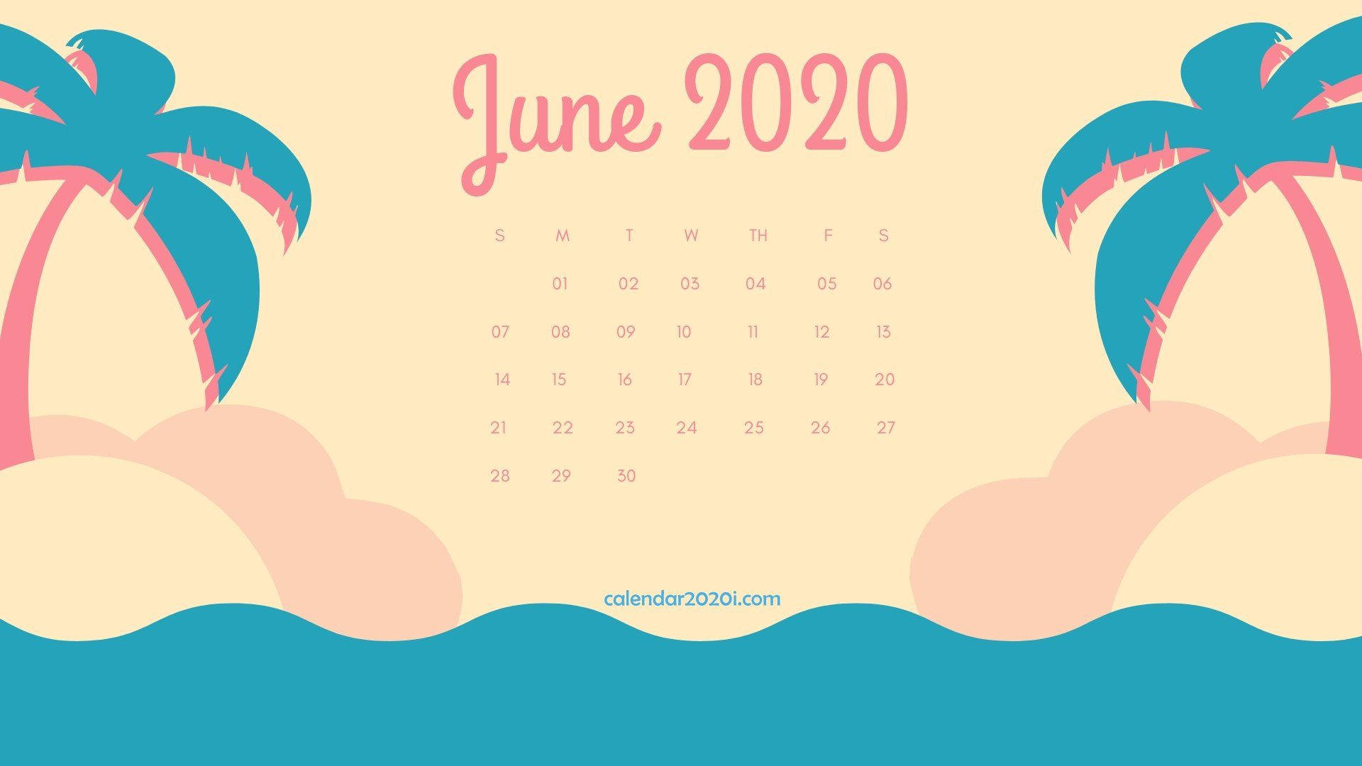 June 桌布 壁紙 — 一個以風格化棕櫚樹和海浪框住的粉彩六月2020年月曆。