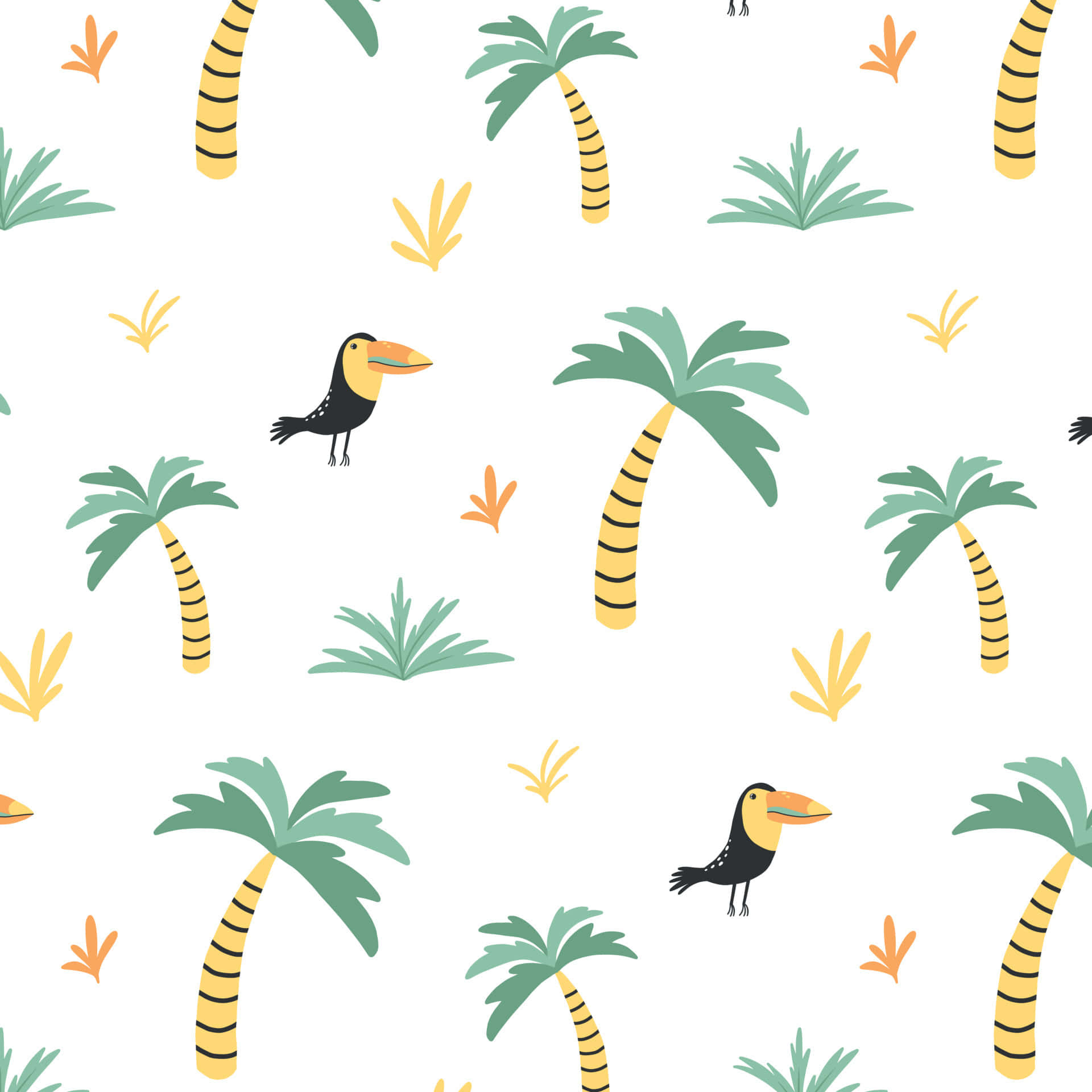 Cute Palm Tree 桌布 壁紙 — 一個以鮮豔熱帶色彩繪製的巨嘴鳥和棕櫚樹的俏皮圖案，背景為潔淨的白色。
