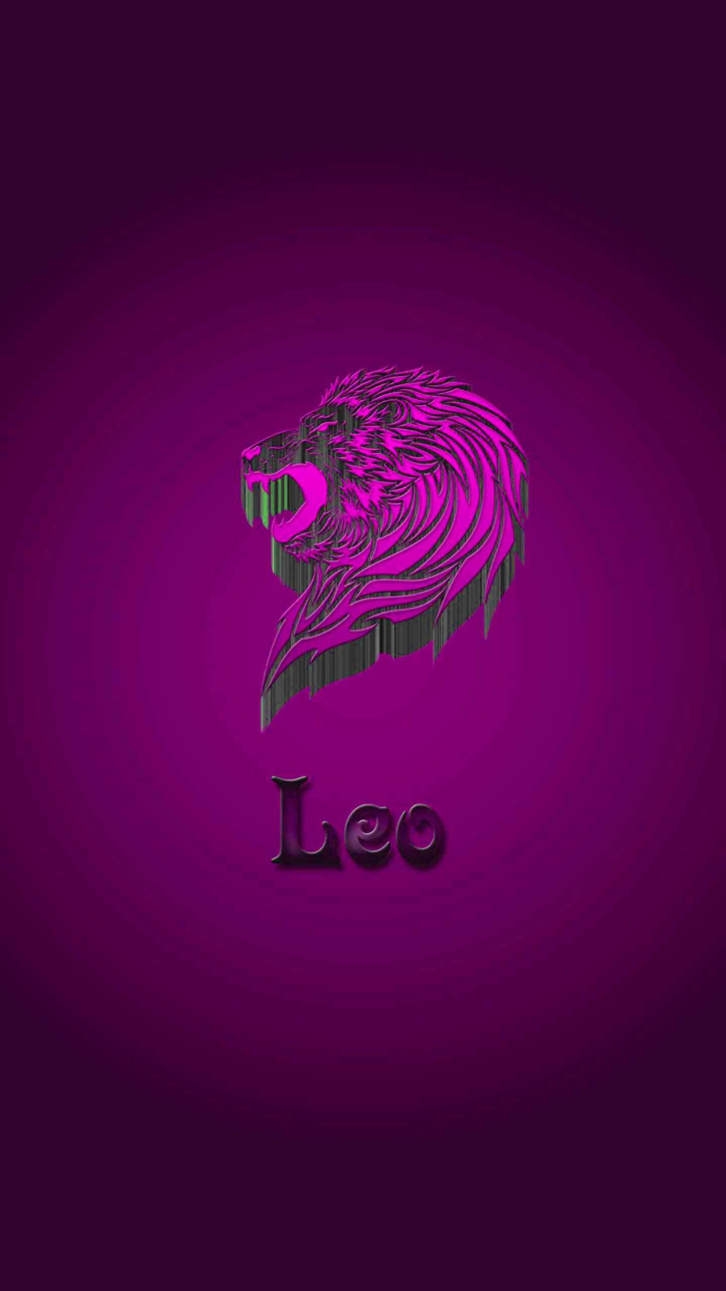 Leo 桌布 壁紙 — 一個以鮮豔粉紅色和黑色線條繪製的風格化獅子頭，居中在紫色漸變背景上，下方有「Leo」字樣。