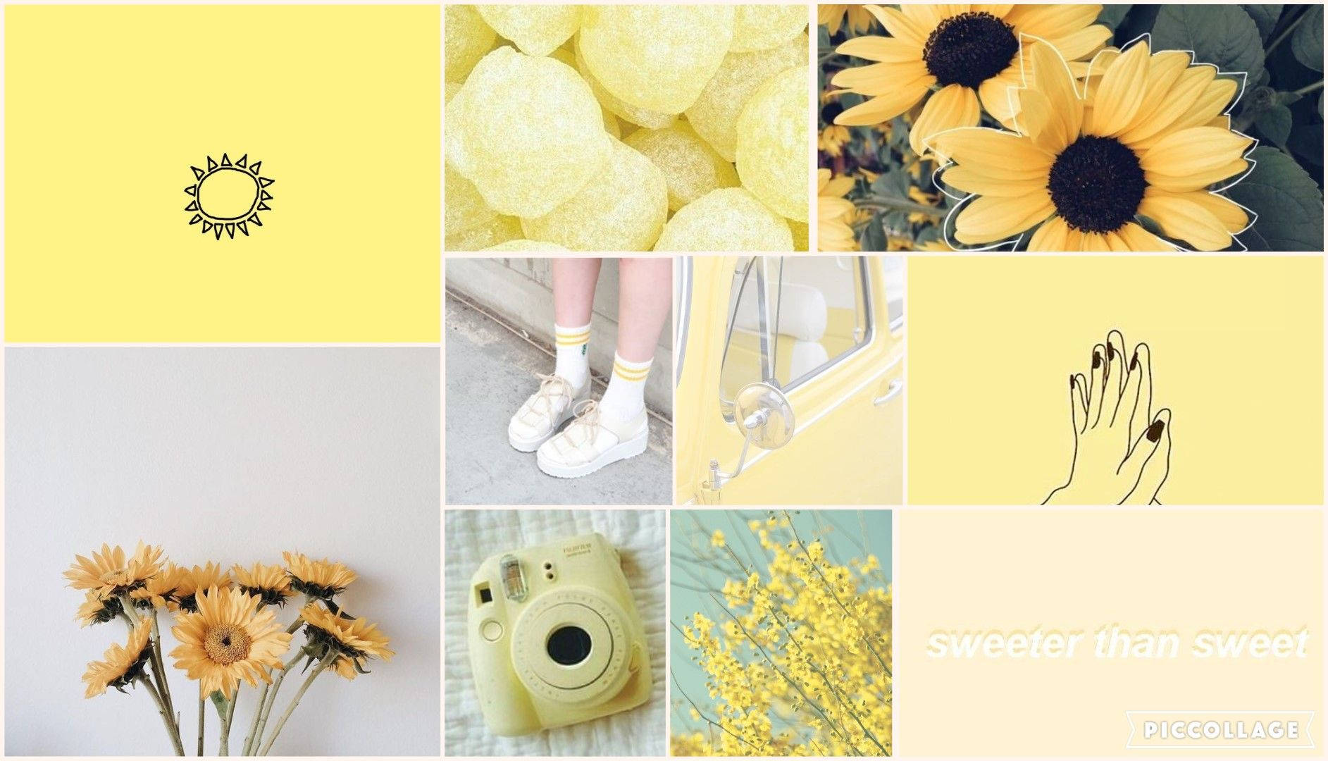 Spring Aesthetic 桌布 壁紙 — 一個以黃色為主題的歡樂拼貼畫，包含向日葵、糖果、復古車、手和相機。