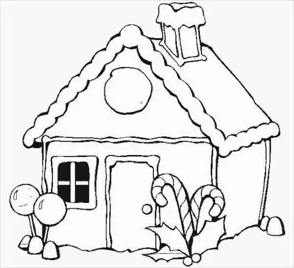 House Colouring 桌布 壁紙 — 一個以黑白勾勒的奇想薑餅屋，配有拐杖糖裝飾和棒棒糖樹。