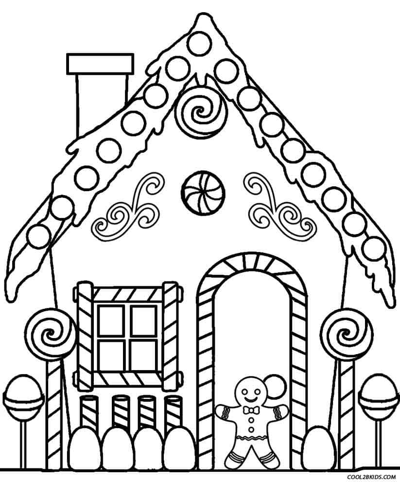 Christmas Coloring 桌布 壁紙 — 一個以黑白線條勾勒、帶有糖果裝飾和門口站著微笑薑餅人的奇幻薑餅屋。