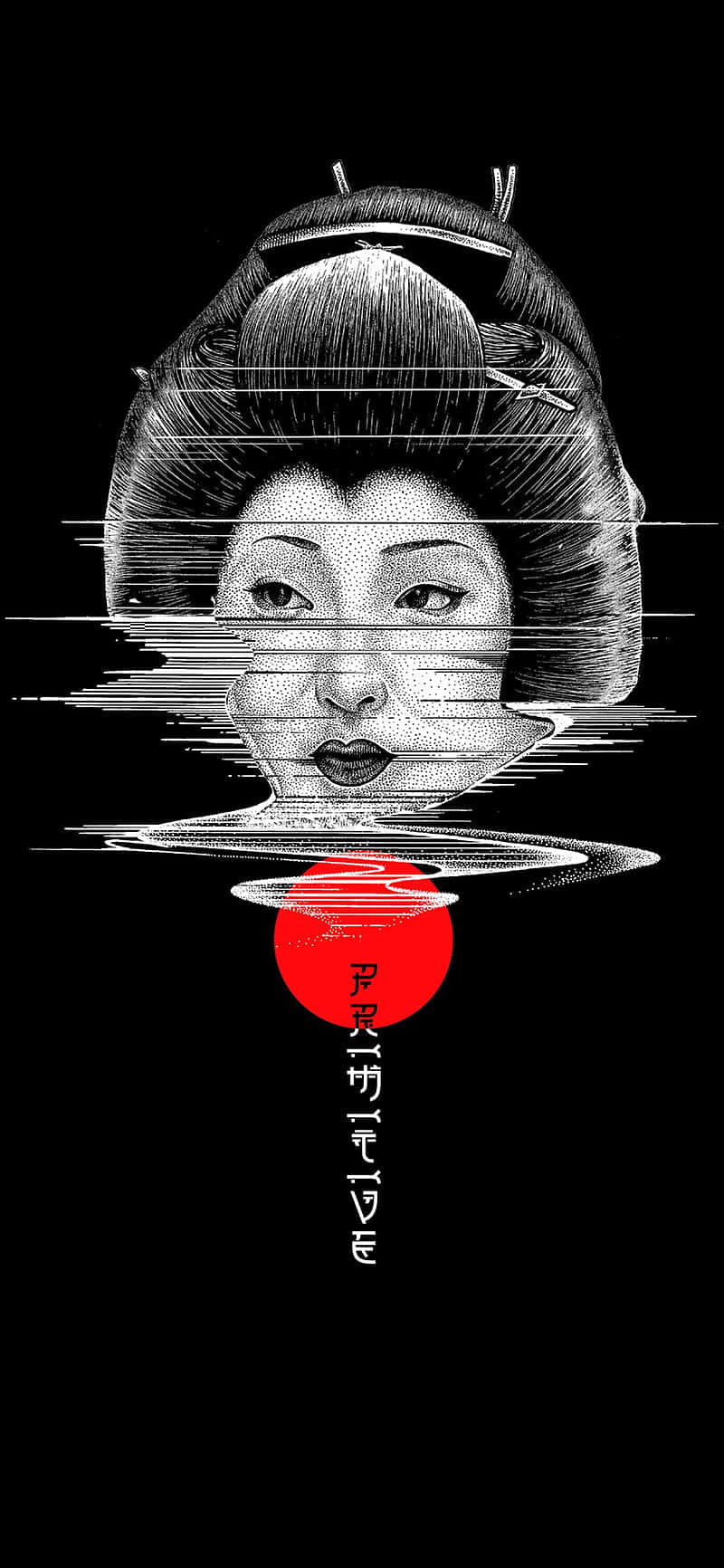 Primitive 桌布 壁紙 — 一個以黑色背景為襯托、帶有紅日和日文字的藝妓故障藝術肖像。