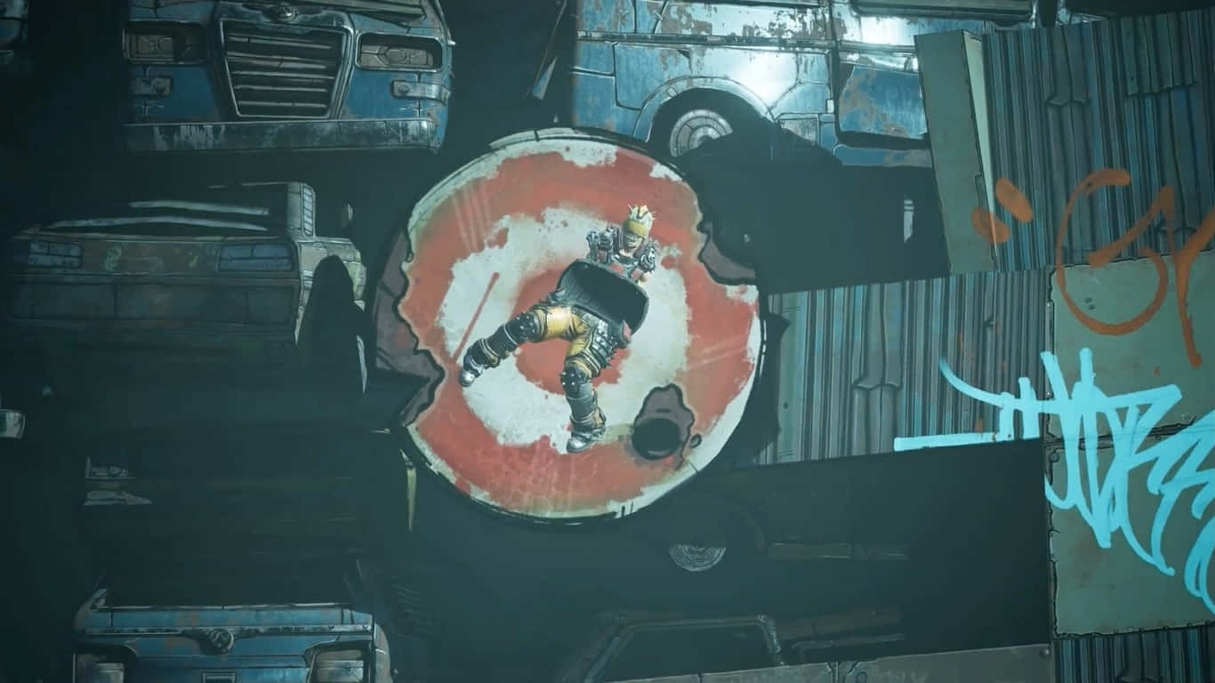 1366x768 Borderlands 3 桌布 壁紙 — 一個佈滿塗鴉的城市廢車場，角色從生鏽的圓形目標中跳出，周圍是廢棄車輛。