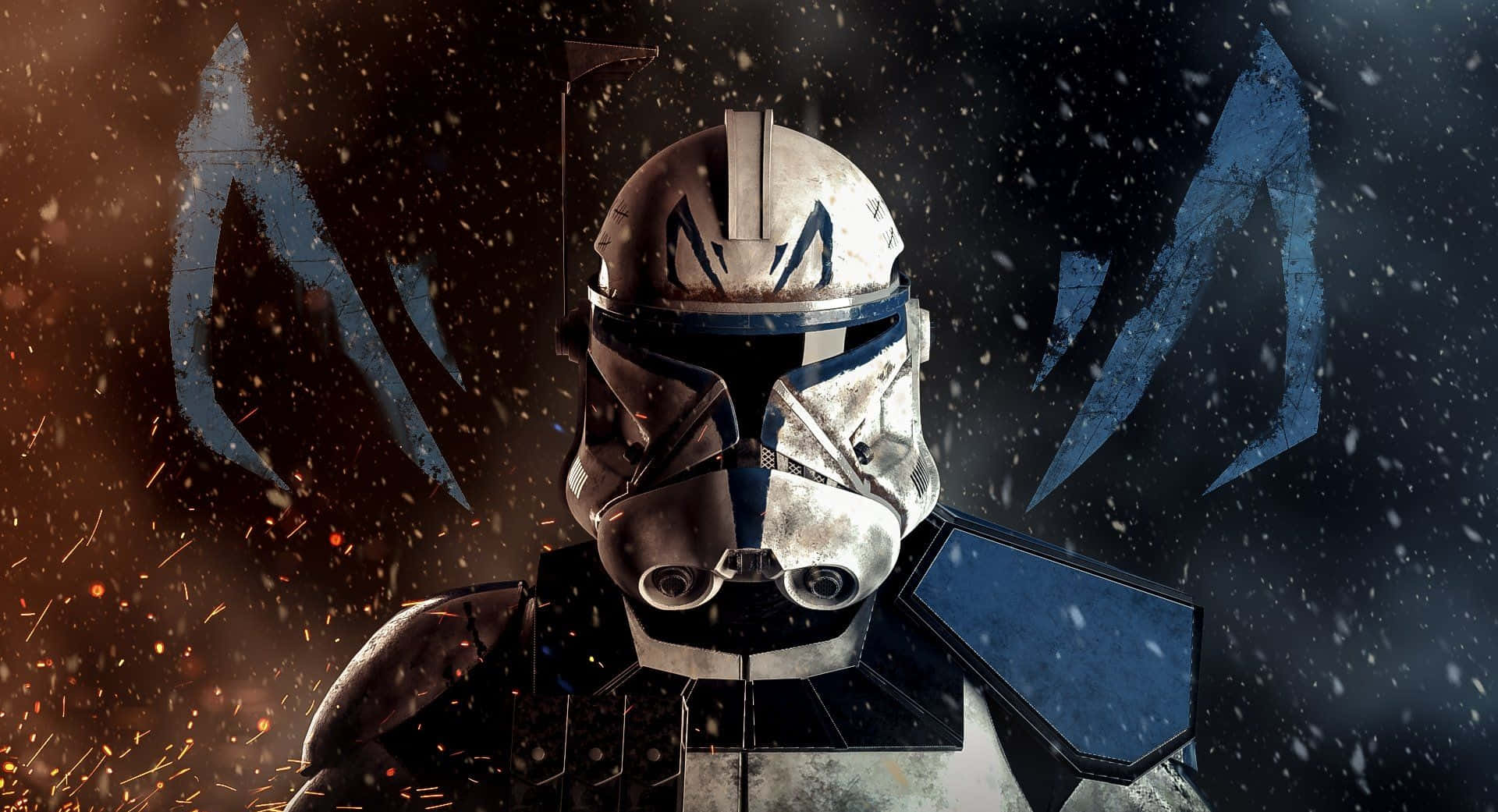 Clone Wars 桌布 壁紙 — 一個佈滿戰鬥痕跡的克隆人頭盔在熾熱的火花和飄落的雪花中發光，背景是黑暗的宇宙。