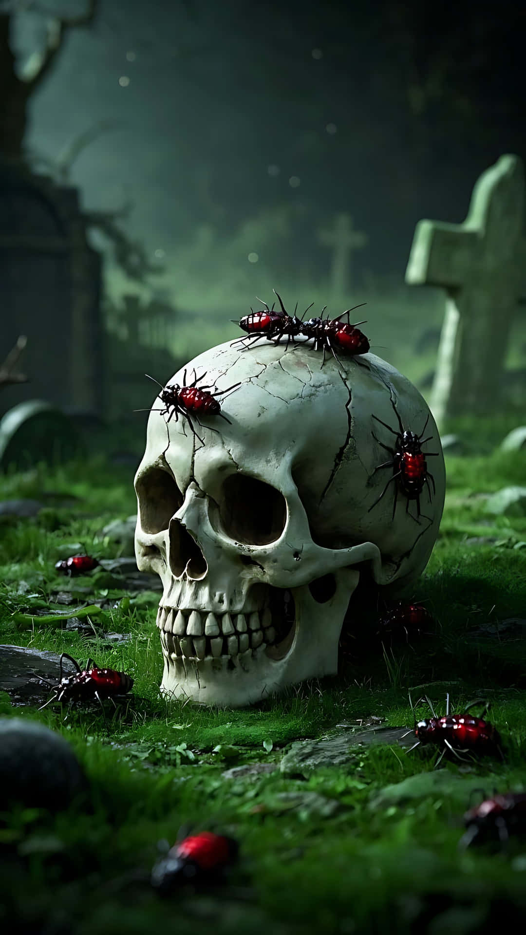 Tormented Skull with Crawling Insects. skull wallpaper 壁紙 — 一個佈滿紅色甲蟲的破裂人類頭骨，躺在一個有霧的墓地中，周圍有長滿苔蘚的墓碑。