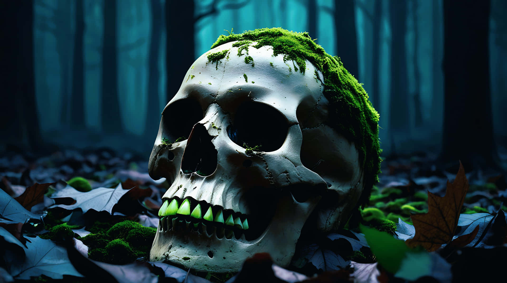 Rotting Skull in a Forest of the Dead 壁紙 — 一個佈滿苔蘚的人類頭骨，帶有發光的綠色牙齒，躺在霧氣籠罩的藍色森林中的落葉之間。