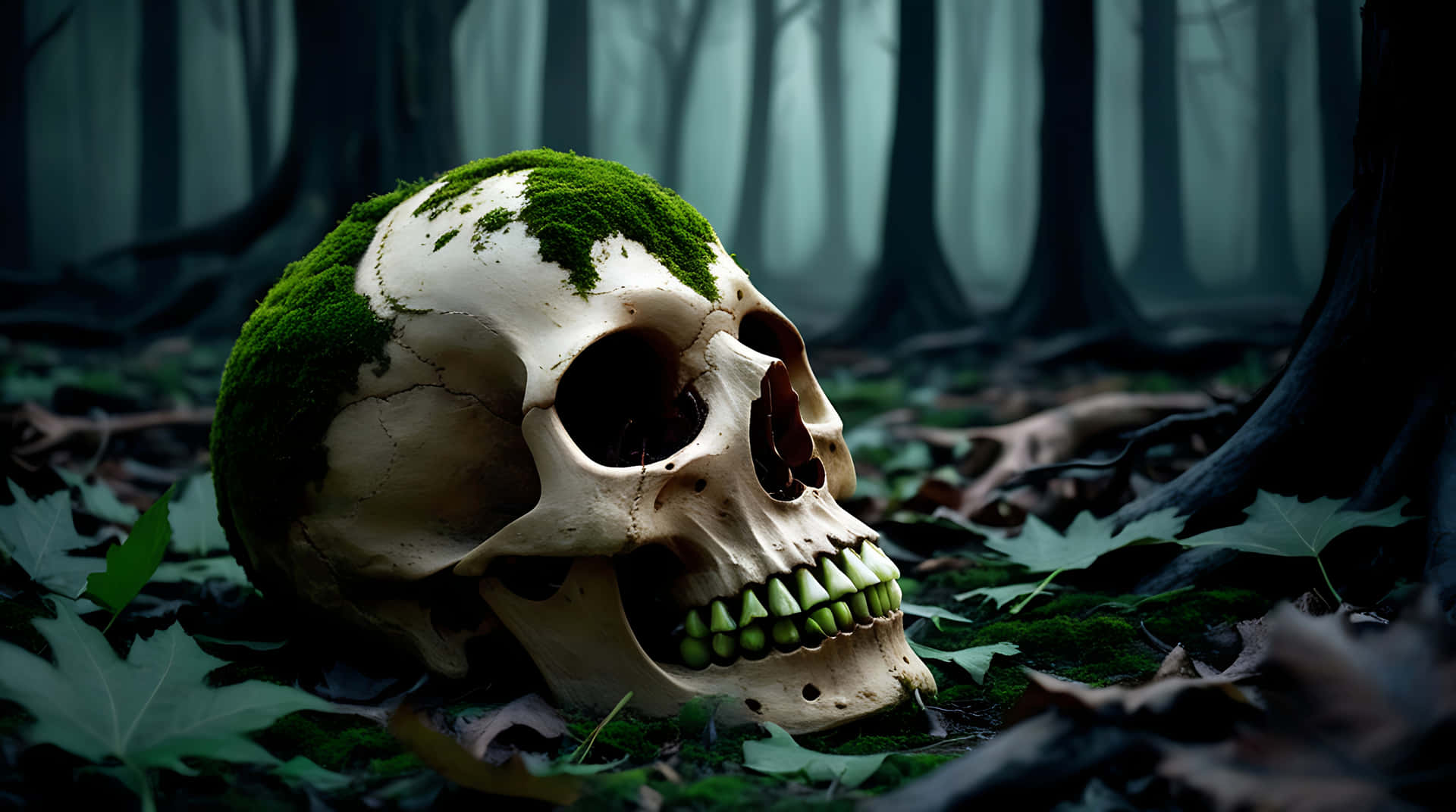 Rotting Skull in a Forest of the Dead 壁紙 — 一個佈滿苔蘚的人類頭骨躺在落葉中，身處迷霧籠罩、陰暗的森林，周圍是高聳的樹木。