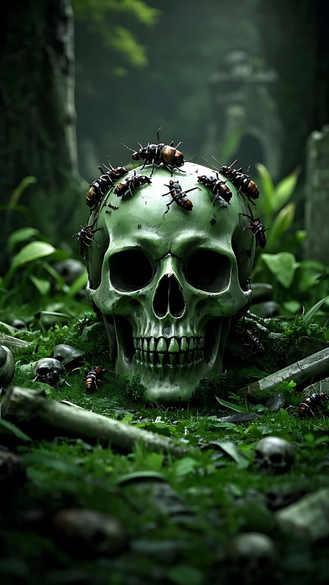 Tormented Skull with Crawling Insects. skull wallpaper 壁紙 — 一個佈滿苔蘚的綠色頭骨，上面爬滿昆蟲，躺在霧氣瀰漫的森林中，周圍是腐爛的骨頭和茂密的樹葉。