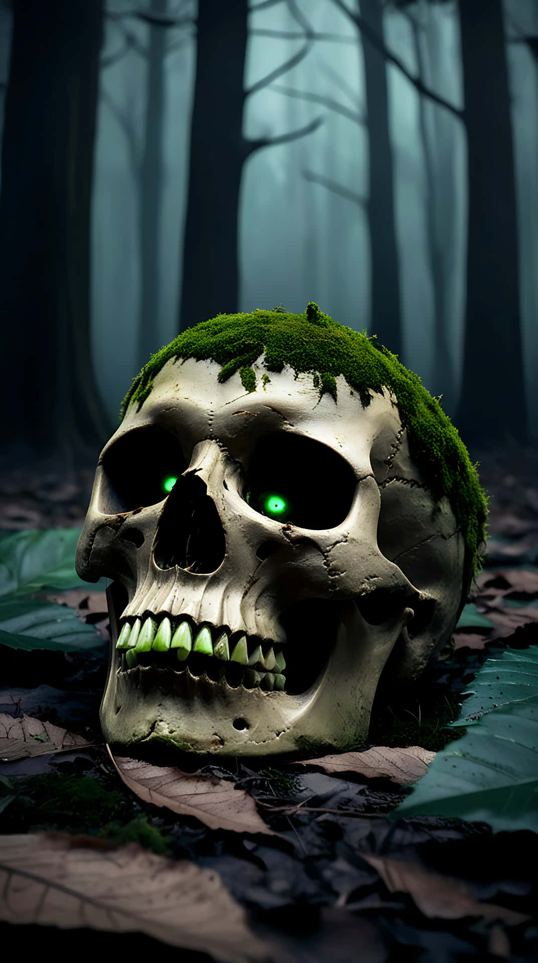 Rotting Skull in a Forest of the Dead 壁紙 — 一個佈滿苔蘚的頭骨，帶有發光的綠色眼睛，躺在霧氣森林的落葉中。