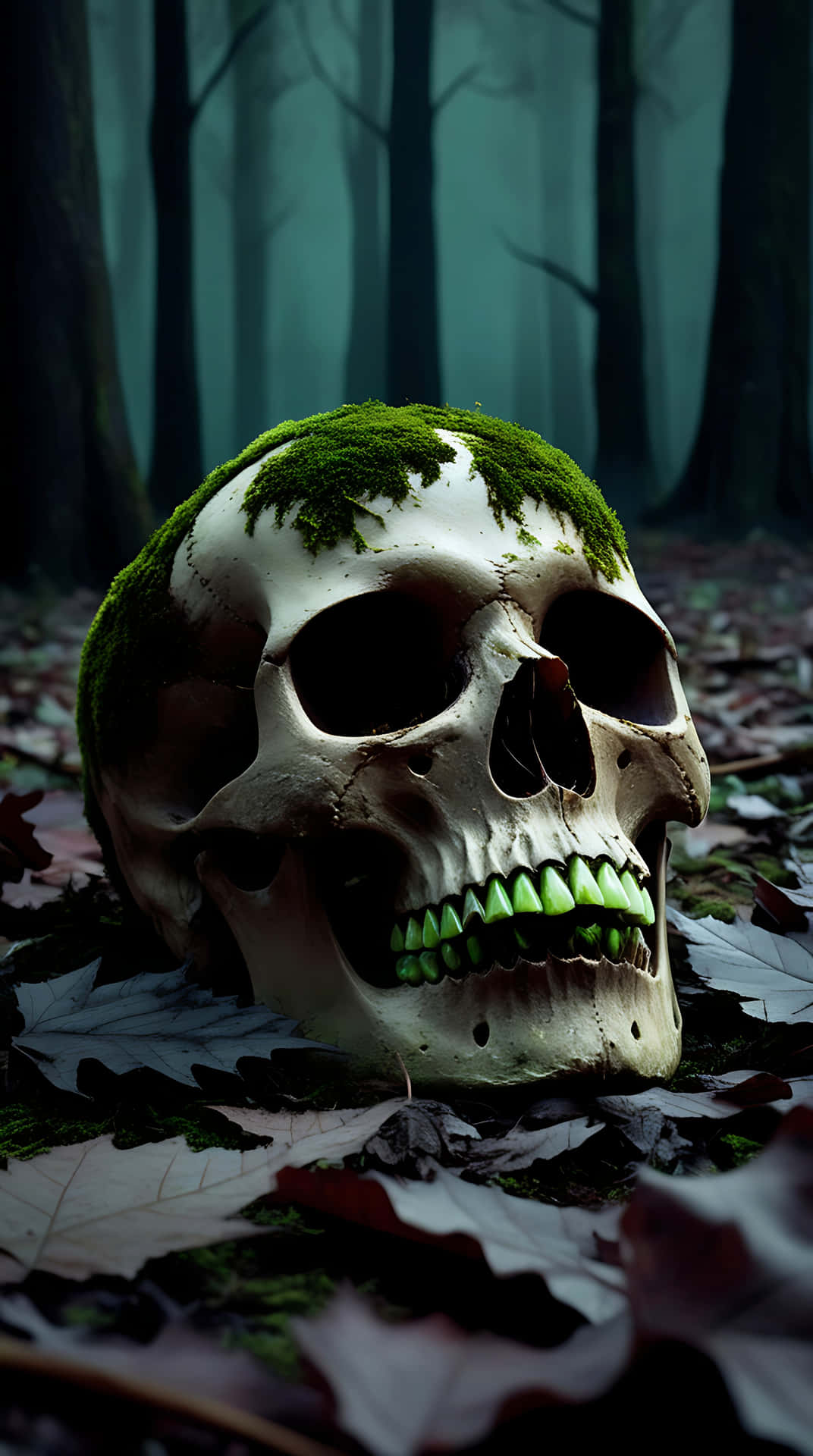 Rotting Skull in a Forest of the Dead 壁紙 — 一個佈滿苔蘚的頭骨，帶有發光的綠色牙齒，躺在霧氣森林的落葉中。