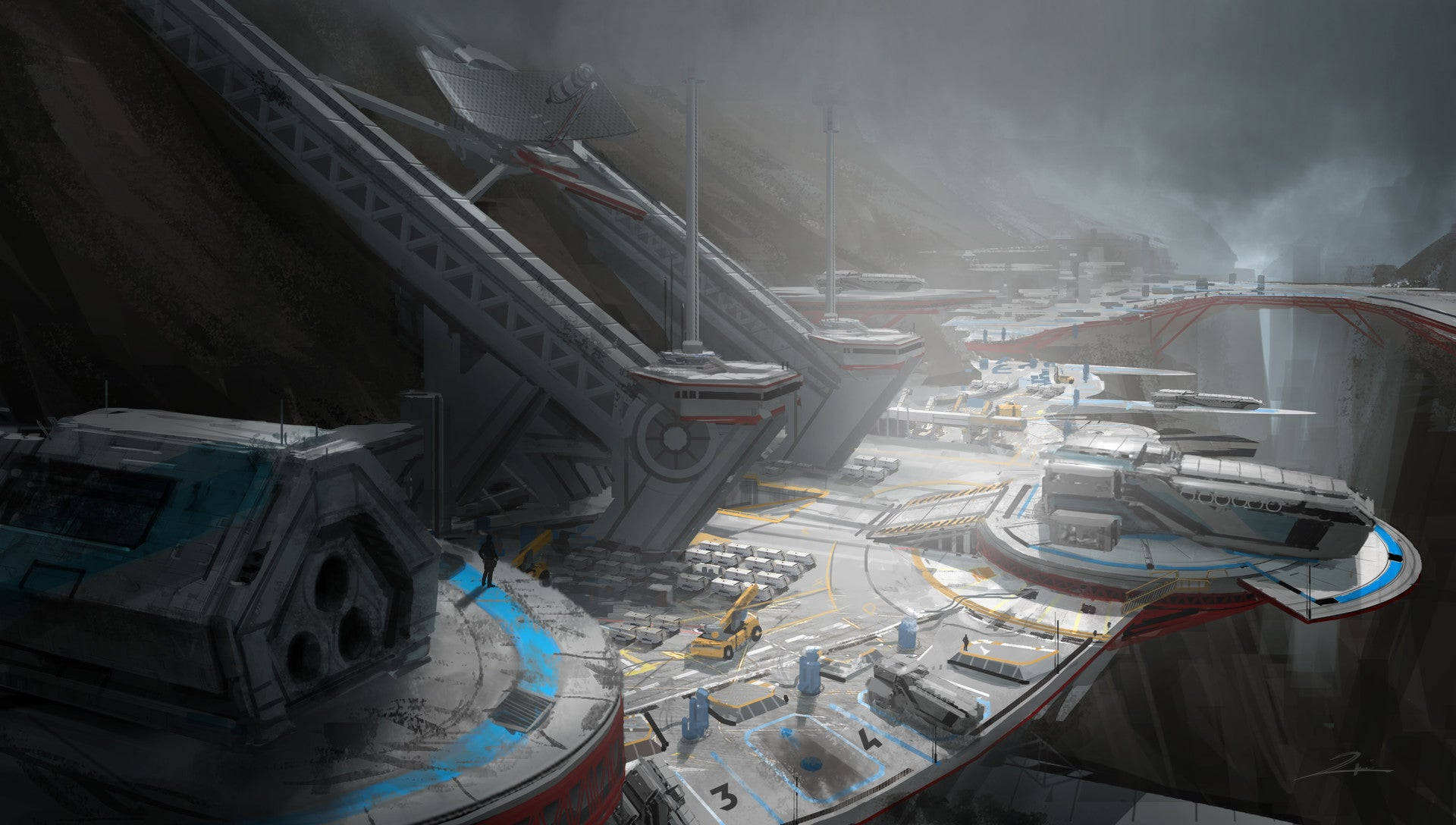 Sci Fi Landscape 桌布 壁紙 — 一個位於山峽中的未來太空港，擁有流線型太空船和高聳的建築，在暴風雨的天空下。