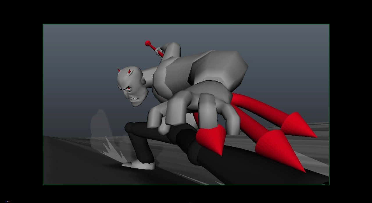 Game Animation 桌布 壁紙 — 一個低多邊形3D渲染的惡魔，長有紅色角和尾巴，在灰色漸變背景的黑暗道路上向前猛撲。