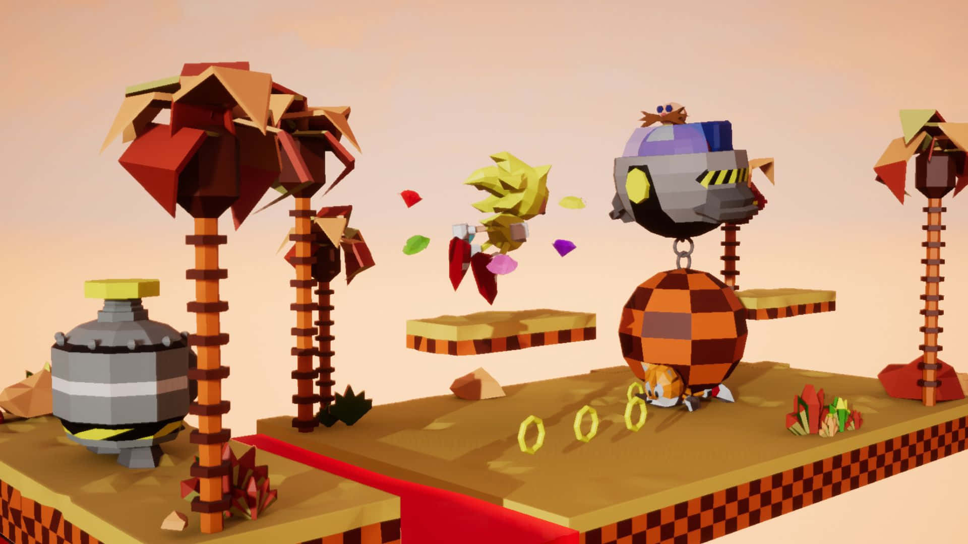 Sonic Sandopolis Zone 桌布 壁紙 — 一個低多邊形3D渲染的遊戲場景，有一隻狐狸角色在溫暖的日落天空下跑過棕櫚樹和浮動平台。