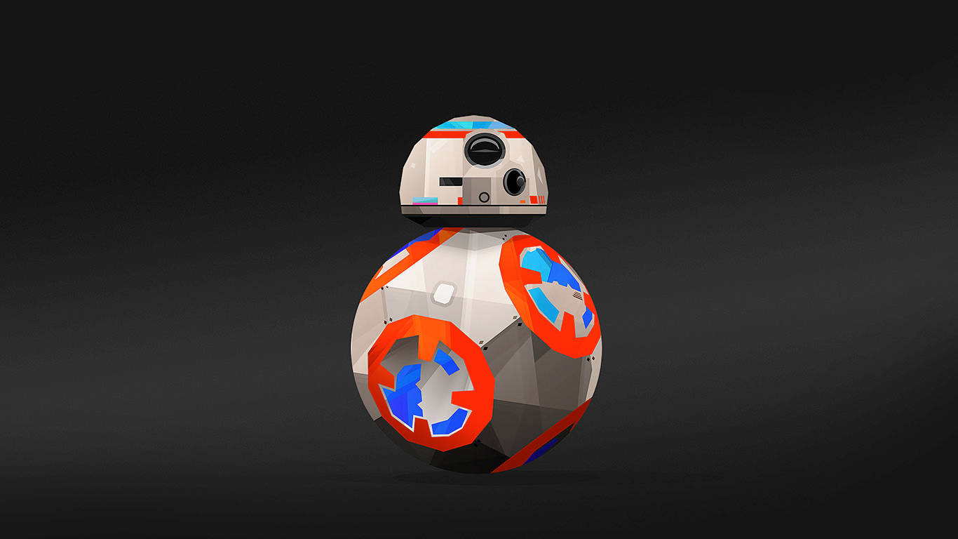 星際大戰 桌布 壁紙 — 一個低多邊形BB-8機器人，帶有白色、橙色和藍色面板，居中站立在深色漸變背景上。
