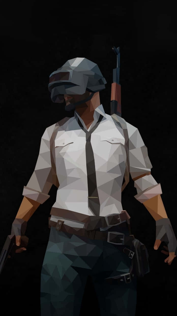 pubg mobile 桌布 壁紙 — 一個低多邊形士兵戴著頭盔和背心，在深色背景下持步槍。