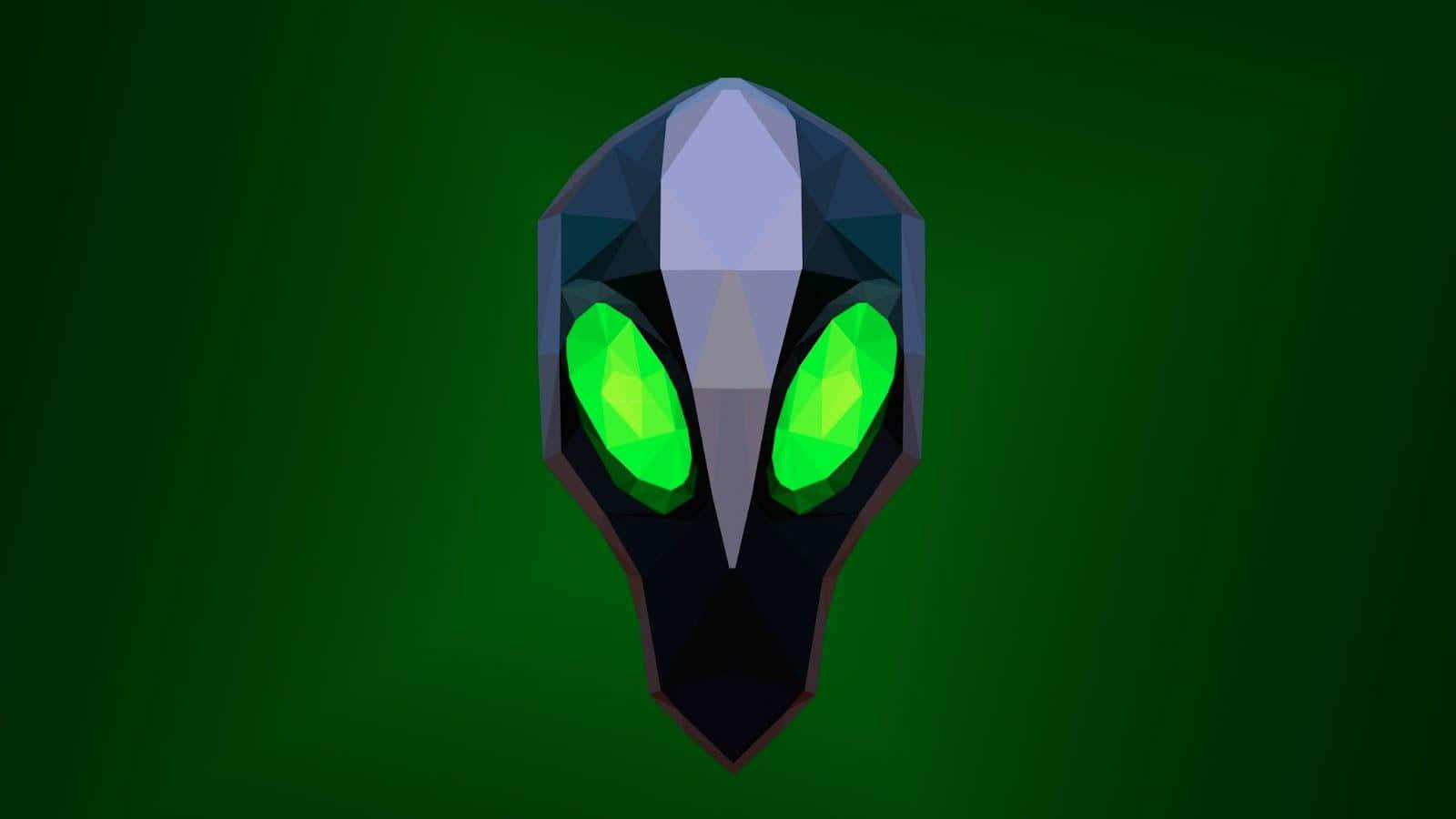 Rubick 桌布 壁紙 — 一個低多邊形外星人頭部，帶有發光的綠色眼睛，置於深綠色漸變背景上。