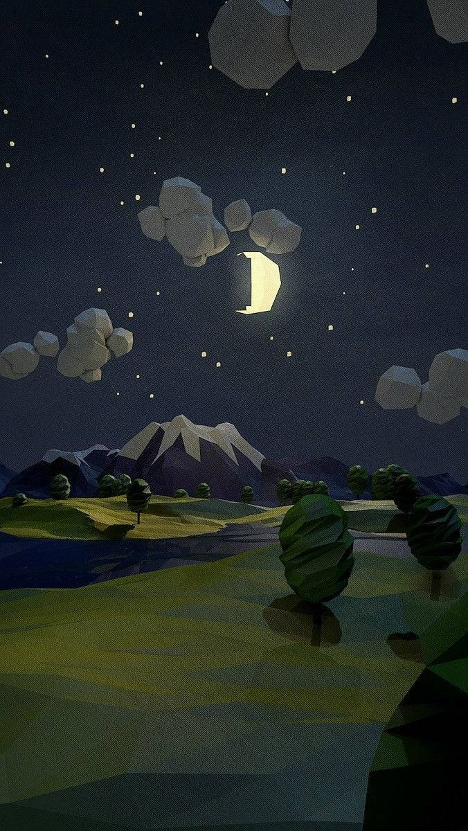 Simple iPhone 桌布 壁紙 — 一個低多邊形夜景，新月在幾何雲層後發光，照耀著積雪的山峰和風格化的樹木。