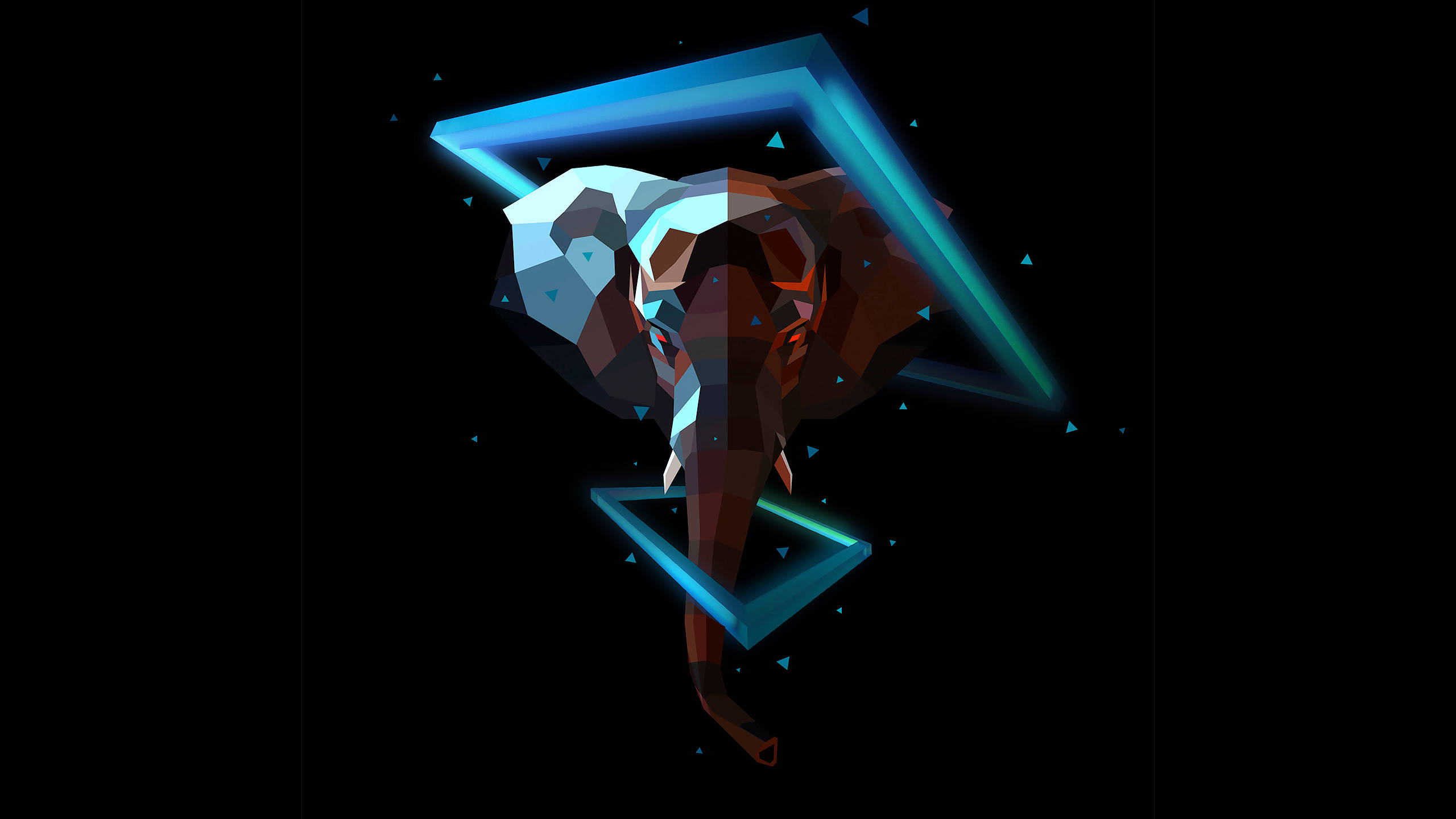 Polygon 桌布 壁紙 — 一個低多邊形大象頭，帶有發光藍色幾何框架，背景為黑色。