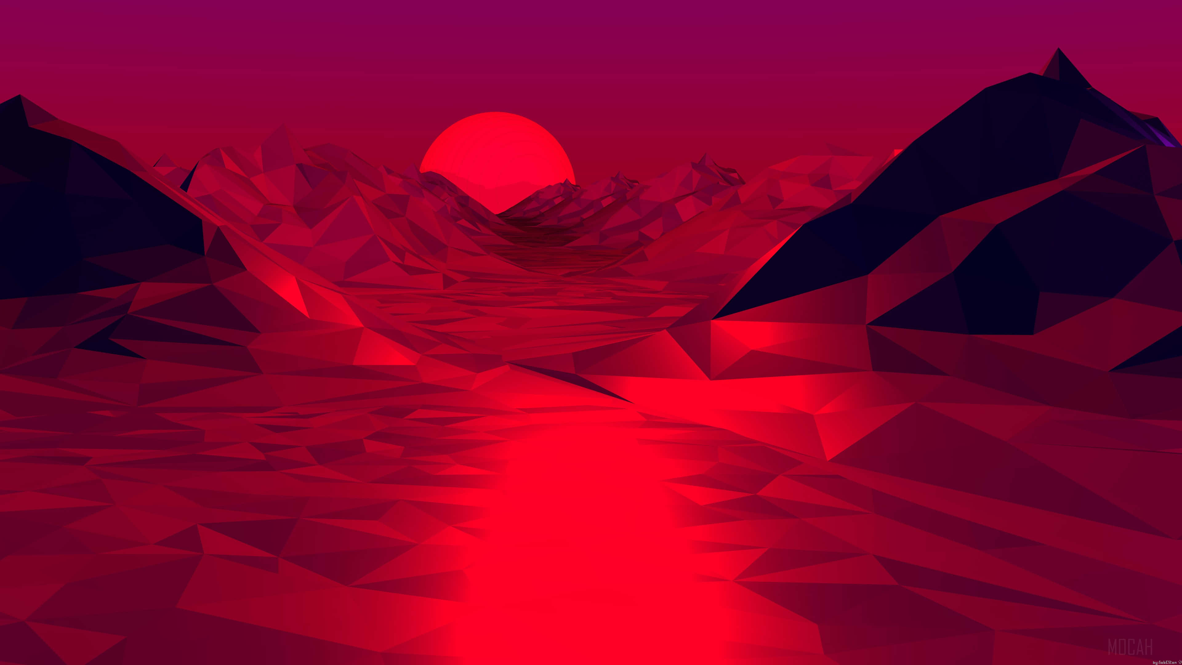 Aesthetic Computer 4K 桌布 壁紙 — 一個低多邊形山谷，沐浴在從山峰後落下的熾熱太陽所發出的強烈紅光中。