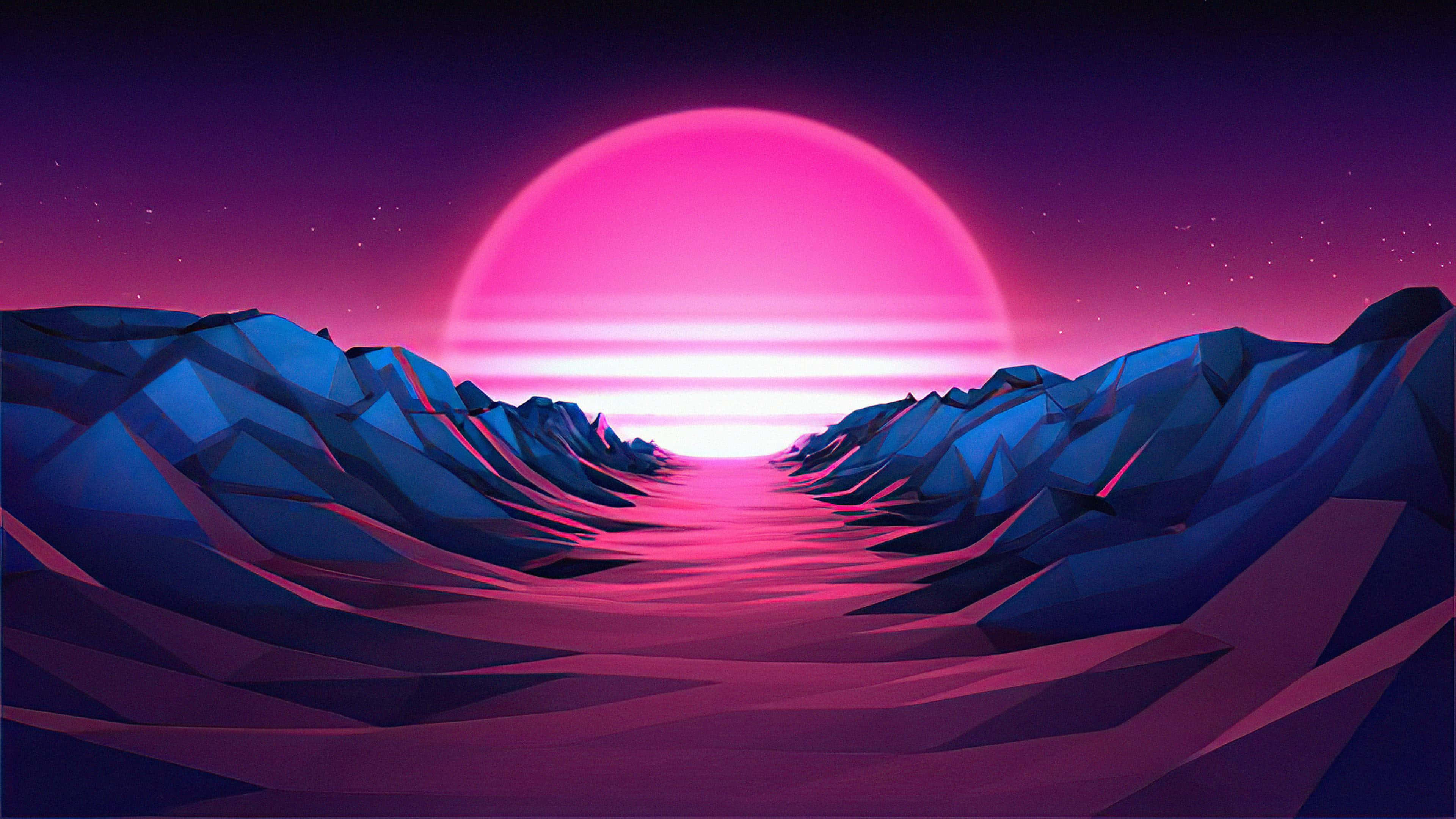 Vaporwave 桌布 壁紙 — 一個低多邊形山谷，沐浴在霓虹粉紅色的日落光芒下，星空紫色天空。