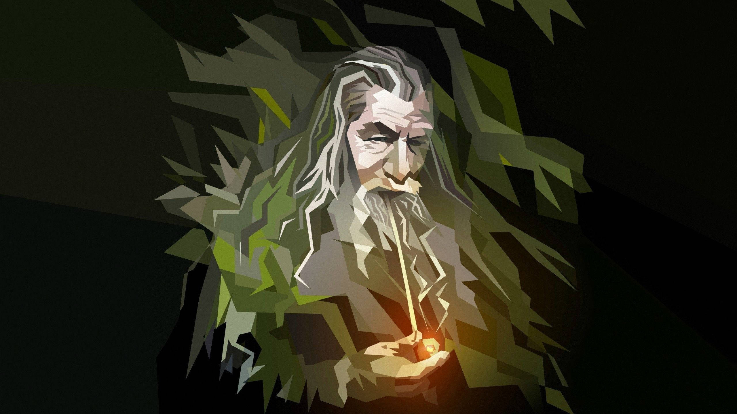Lotr 桌布 壁紙 — 一個低多邊形插圖的巫師，長長的白髮和白鬍子，在深綠色樹葉背景前拿著發光的法杖。
