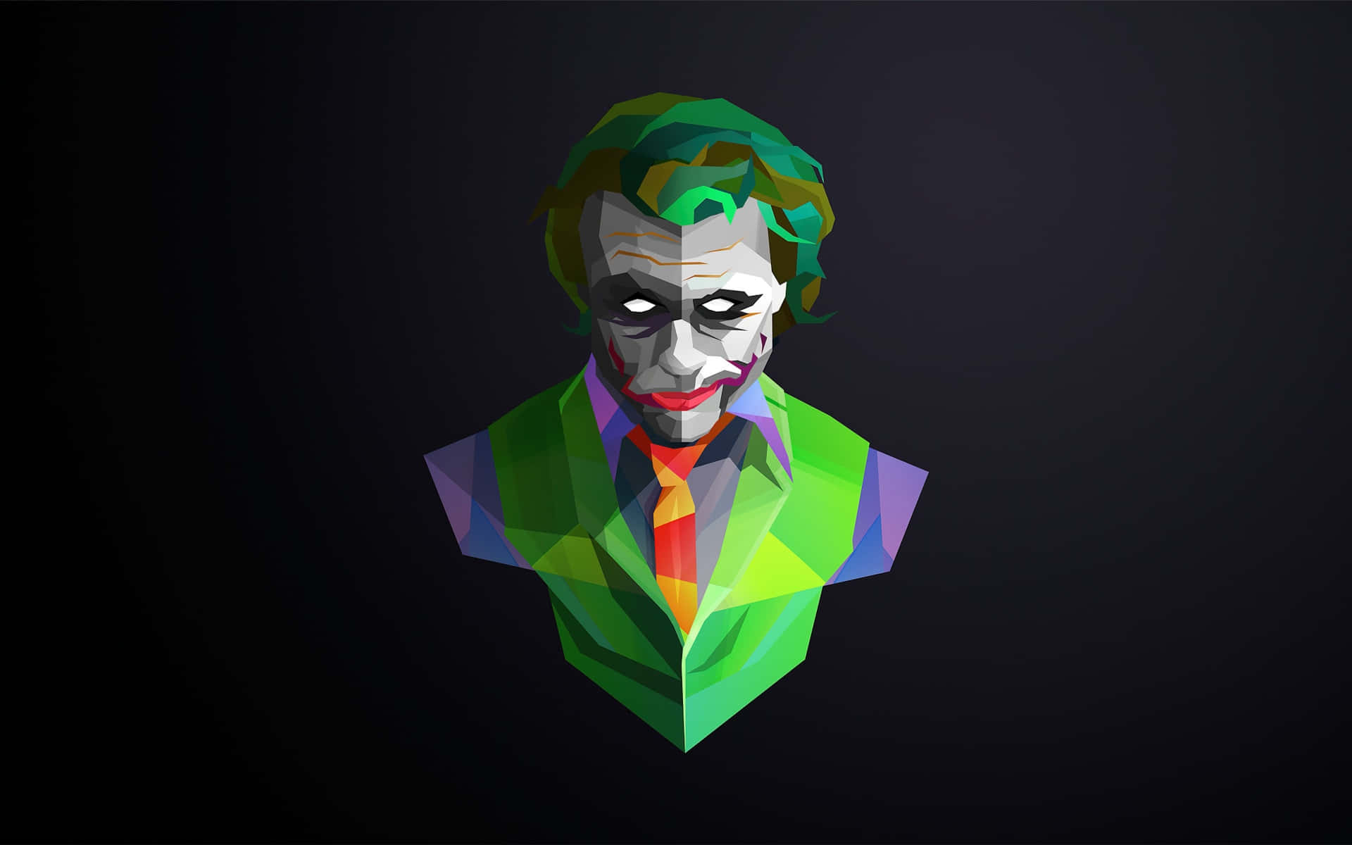 詭異的GIF 桌布 壁紙 — 一個低多邊形數位半身像的小丑，綠色頭髮，白色臉龐，紅色嘴唇，背景為深色。