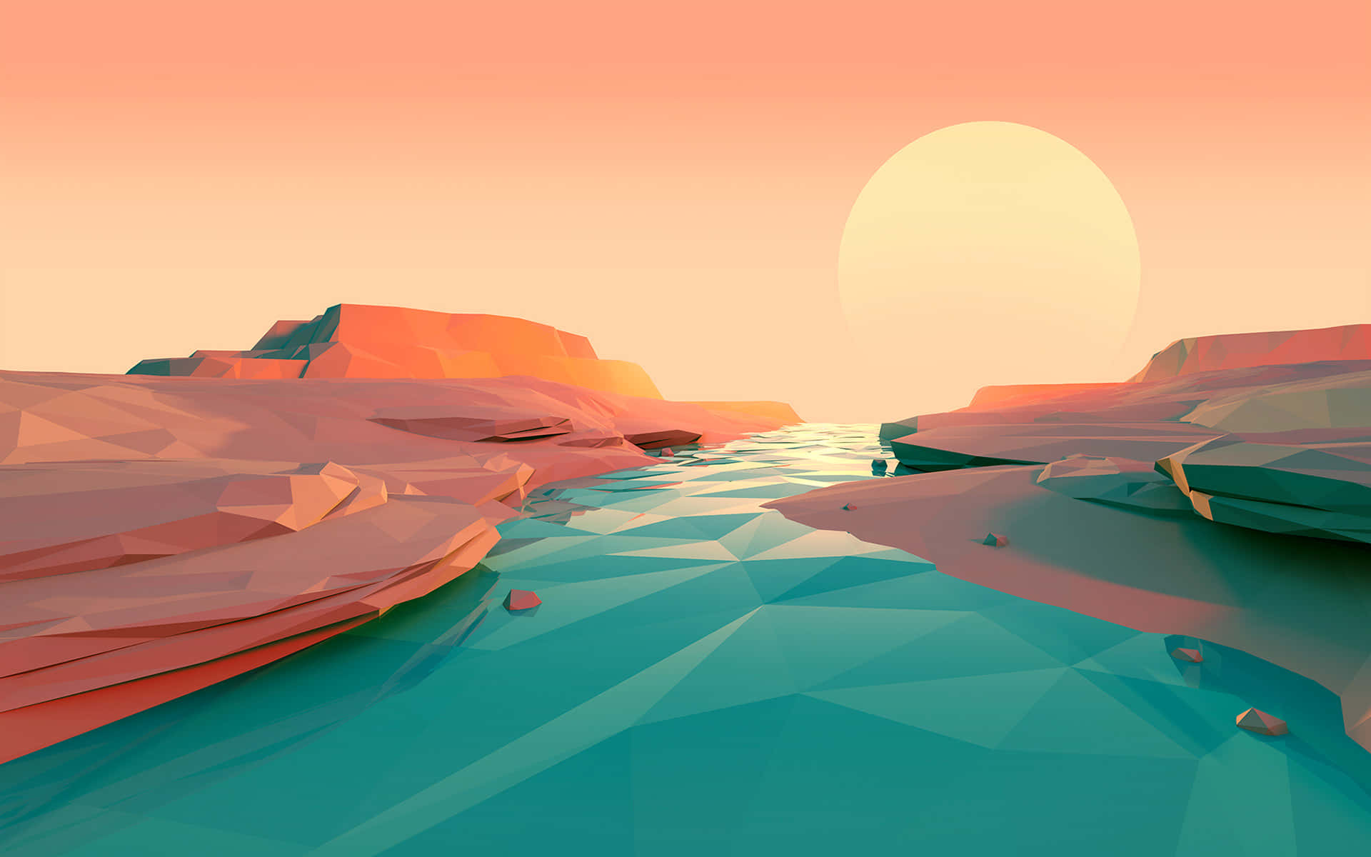 Minimalist Abstract 桌布 壁紙 — 一個低多邊形數位景觀，在發光的太陽下，一條綠松石色的河流蜿蜒穿過粉紅色和橙色的岩石地形。
