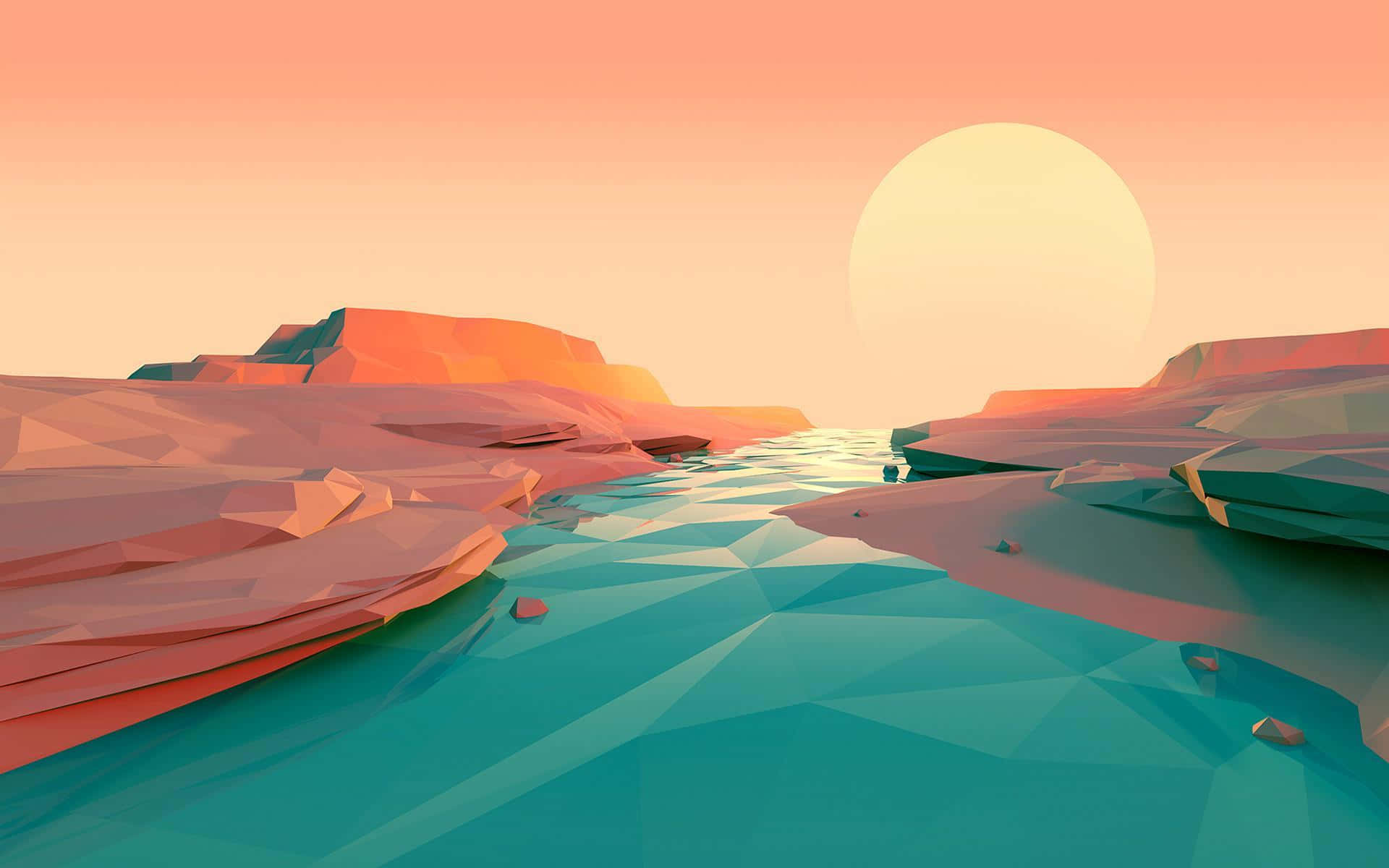 Minimalist Sunset 桌布 壁紙 — 一個低多邊形數位景觀，發光的太陽在碧綠色的河流上落下，兩旁是粉紅色和橙色的岩石峭壁。