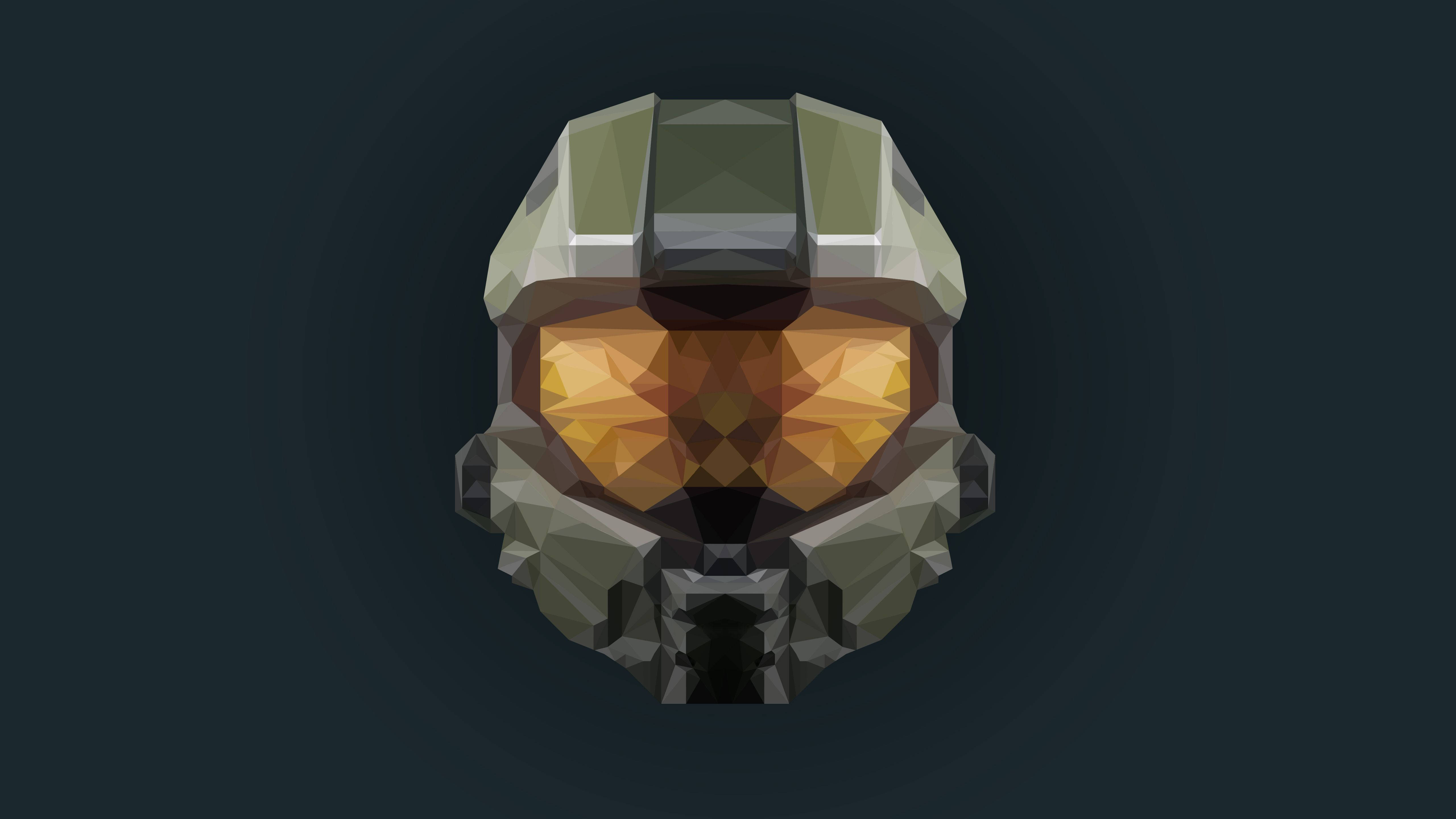 Halo Infinite 桌布 壁紙 — 一個低多邊形數位藝術渲染的未來主義頭盔，帶有發光的橙色面罩，背景為深色。