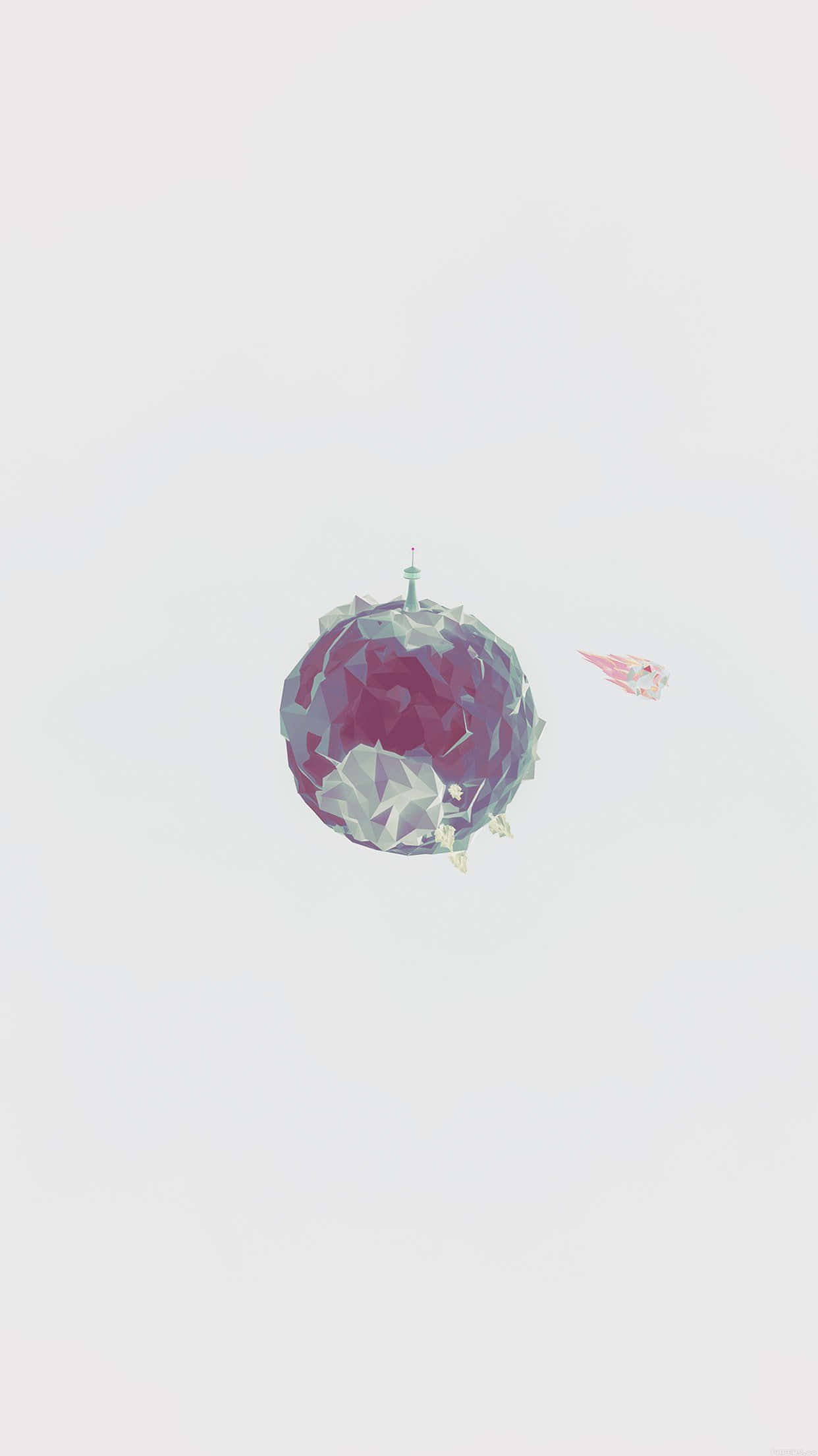 iPhone Simple Cute 桌布 壁紙 — 一個低多邊形星球，帶有紫色和灰色的面，漂浮在蒼白的天空中，一艘粉紅色的小飛船在附近滑翔。