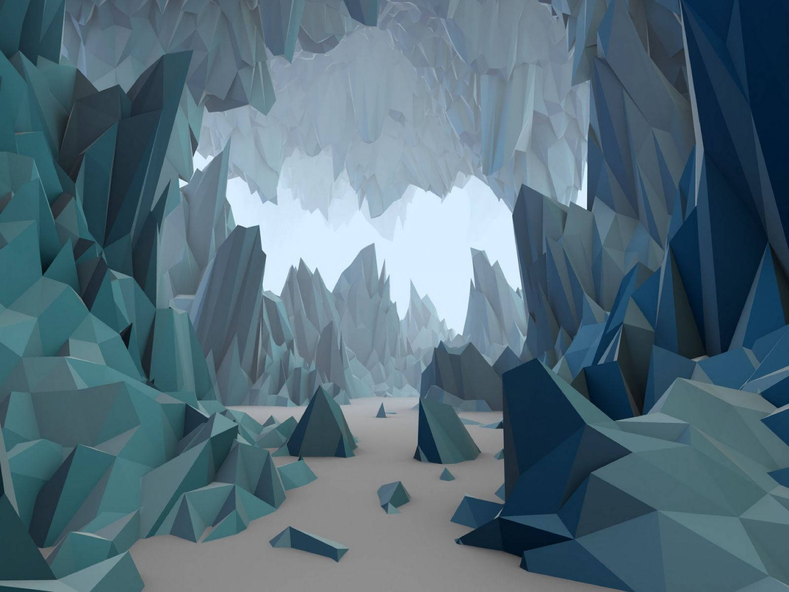 Polygon 桌布 壁紙 — 一個低多邊形洞穴，帶有尖銳的藍綠色和藍色晶體結構，框出明亮的天空開口。