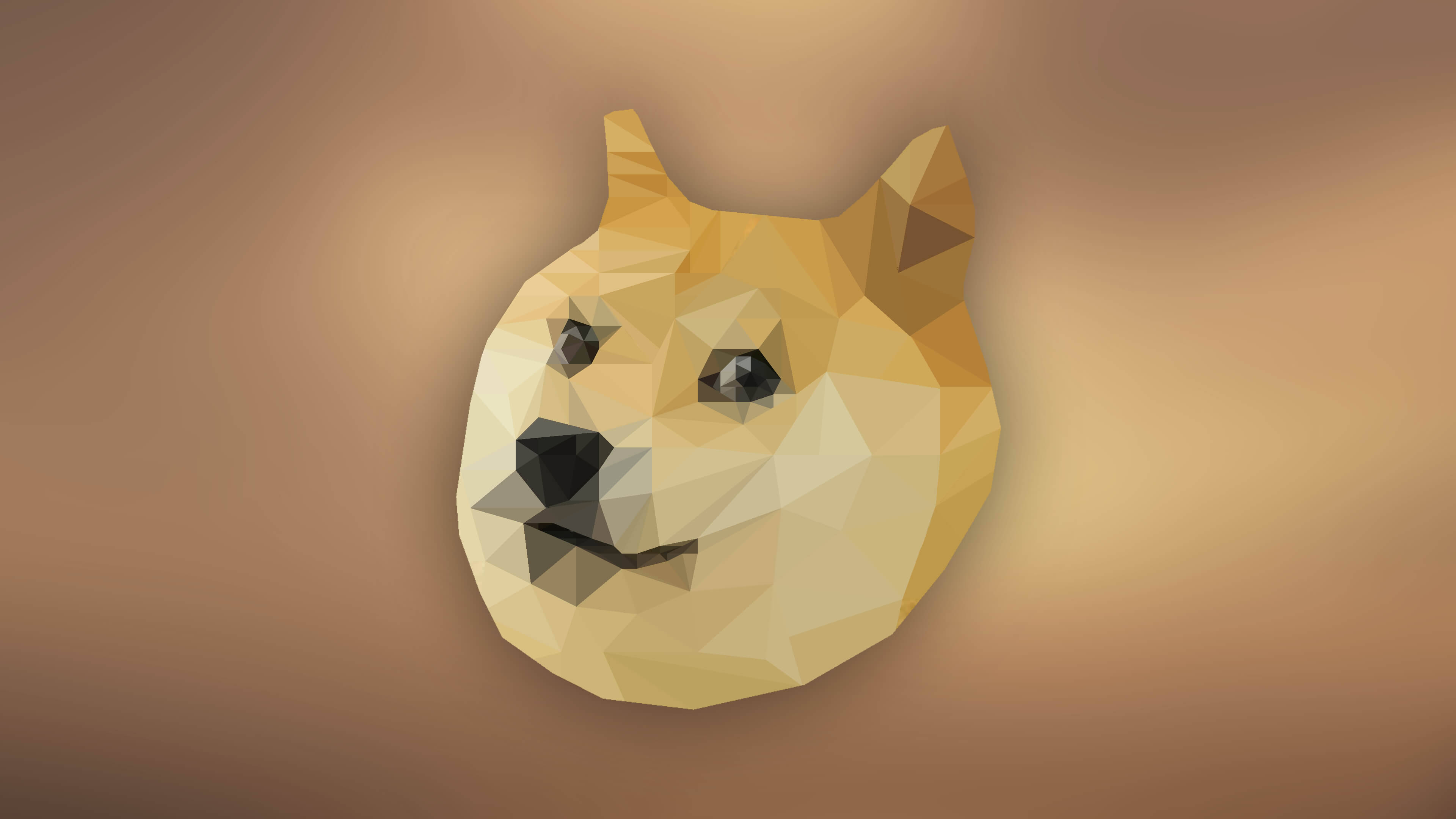Doge 桌布 壁紙 — 一個低多邊形狗頭，具有幾何面塊和溫暖的米色色調，背景為柔和漸變色。